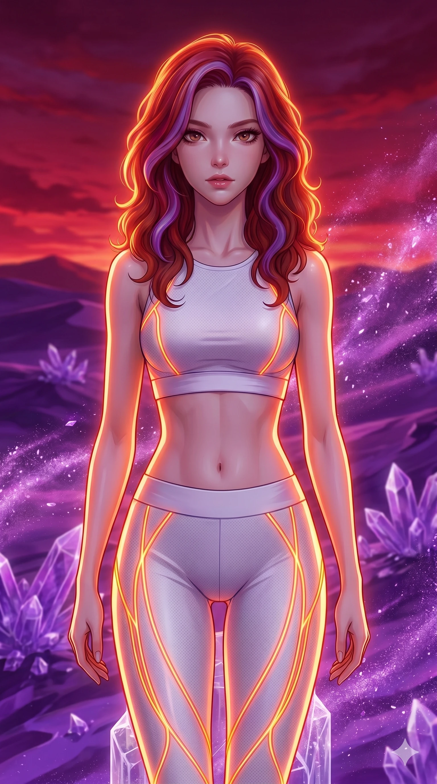 score_9, masterpiece, best quality, ultra-detailed, high-budget anime keyframe, Japanese woman. upper body close-up from the thighs up, character filling the screen for maximum presence. standing atop a transparent salt crystal tower in a purple crystalline desert as winds blow shimmering purple dust under a crimson sunset. She has an absolutely perfect 8-heads proportion, an exceptionally tall and slender female figure with impossibly long slender legs and an ultra-slim waist. V-shaped jawline, high-bridge nose, intricate jewel-like eyes with depth, thick eyelashes, glossy lips with a natural sheen.. wearing a neon filament athleisure set, featuring a tight white crop top and matching leggings woven with glowing orange neon filaments, highlighting her slender body contour. bathed in brilliant cinematic volumetric lighting and intense neon rim light highlighting her slender form. 2k, ultra detail, master piece, 9:16 ratio