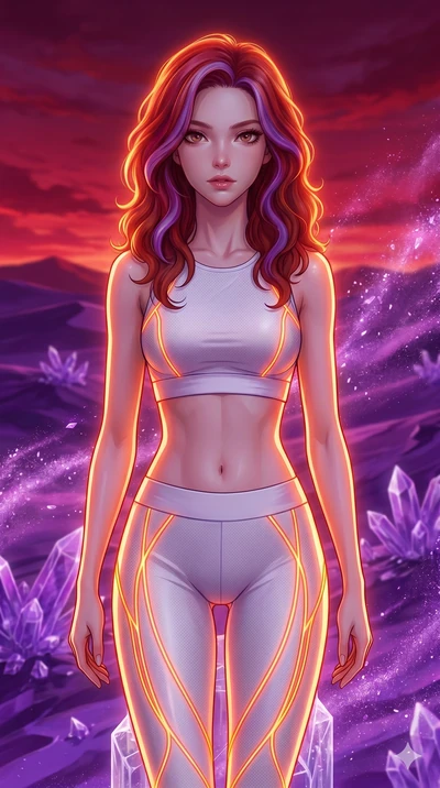 score_9, masterpiece, best quality, ultra-detailed, high-budget anime keyframe, Japanese woman. upper body close-up from the thighs up, character filling the screen for maximum presence. standing atop a transparent salt crystal tower in a purple crys