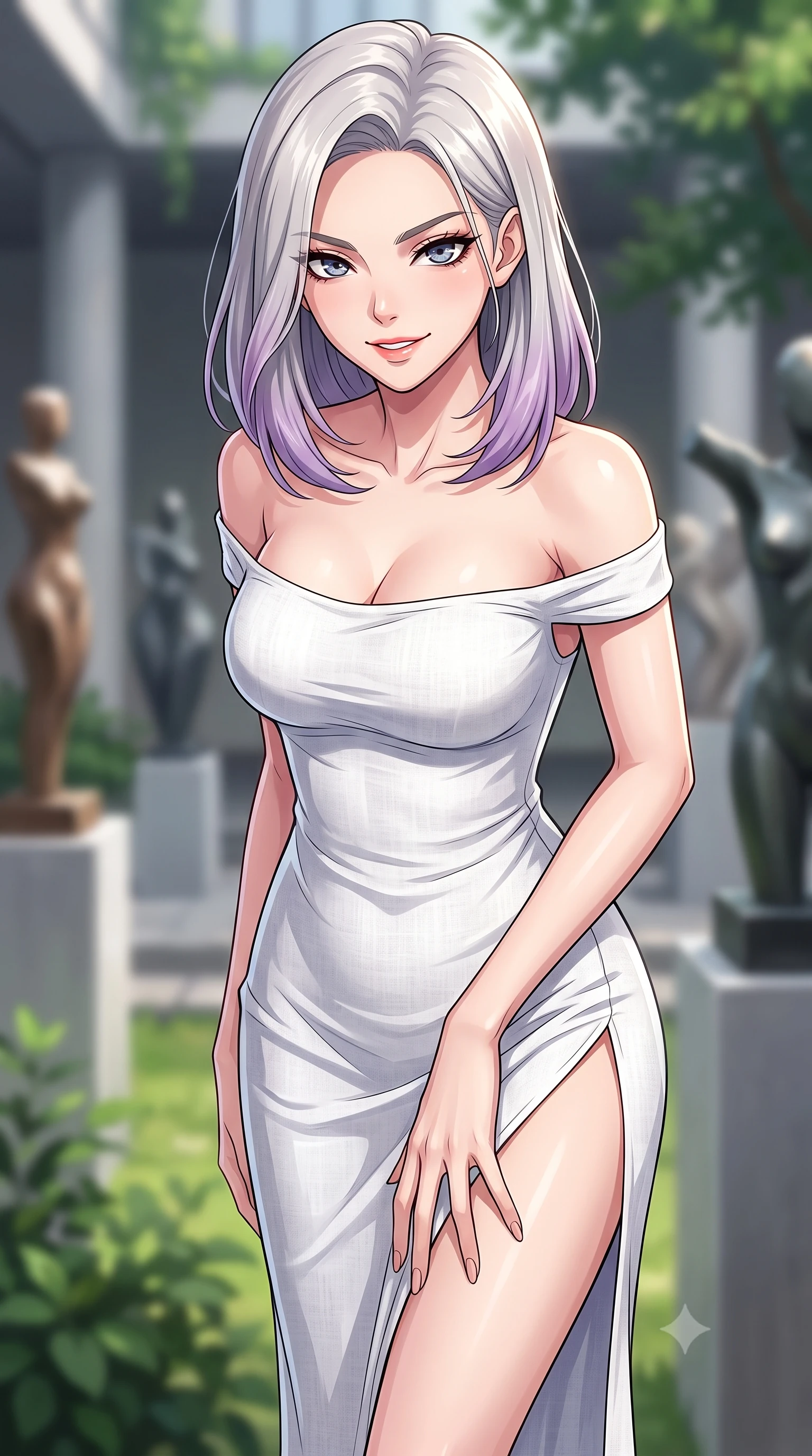 score_9, masterpiece, best quality, ultra-detailed, high-budget anime keyframe, tasteful artistic composition, Caucasian woman. close-up cowboy shot from the waist and thighs up, the character dominates the composition, filling the frame with her large presence, background elements kept in soft focus. leaning slightly forward with a playful, teasing smile, her gaze locked onto the viewer the background shows a soft-focus a secluded courtyard terrace of an art gallery, surrounded by modern sculptures. She has an exceptionally elegant, slender, and willowy female figure with an ultra-slim waist, a gracefully sculpted slender torso, and a refined silhouette. sharp v-shaped jawline, high-bridge nose, intricate jewel-like eyes with depth, thick eyelashes, glossy lips with a natural sheen. wearing a body-hugging off-shoulder white linen summer dress featuring a high side slit ascending to mid-thigh. soft spotlighting highlighting the textures of her designer outfit. highly saturated vibrant anime colors, cel-shading, 2d style, master piece, 9:16 ratio