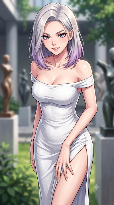 score_9, masterpiece, best quality, ultra-detailed, high-budget anime keyframe, tasteful artistic composition, Caucasian woman. close-up cowboy shot from the waist and thighs up, the character dominates the composition, filling the frame with her lar