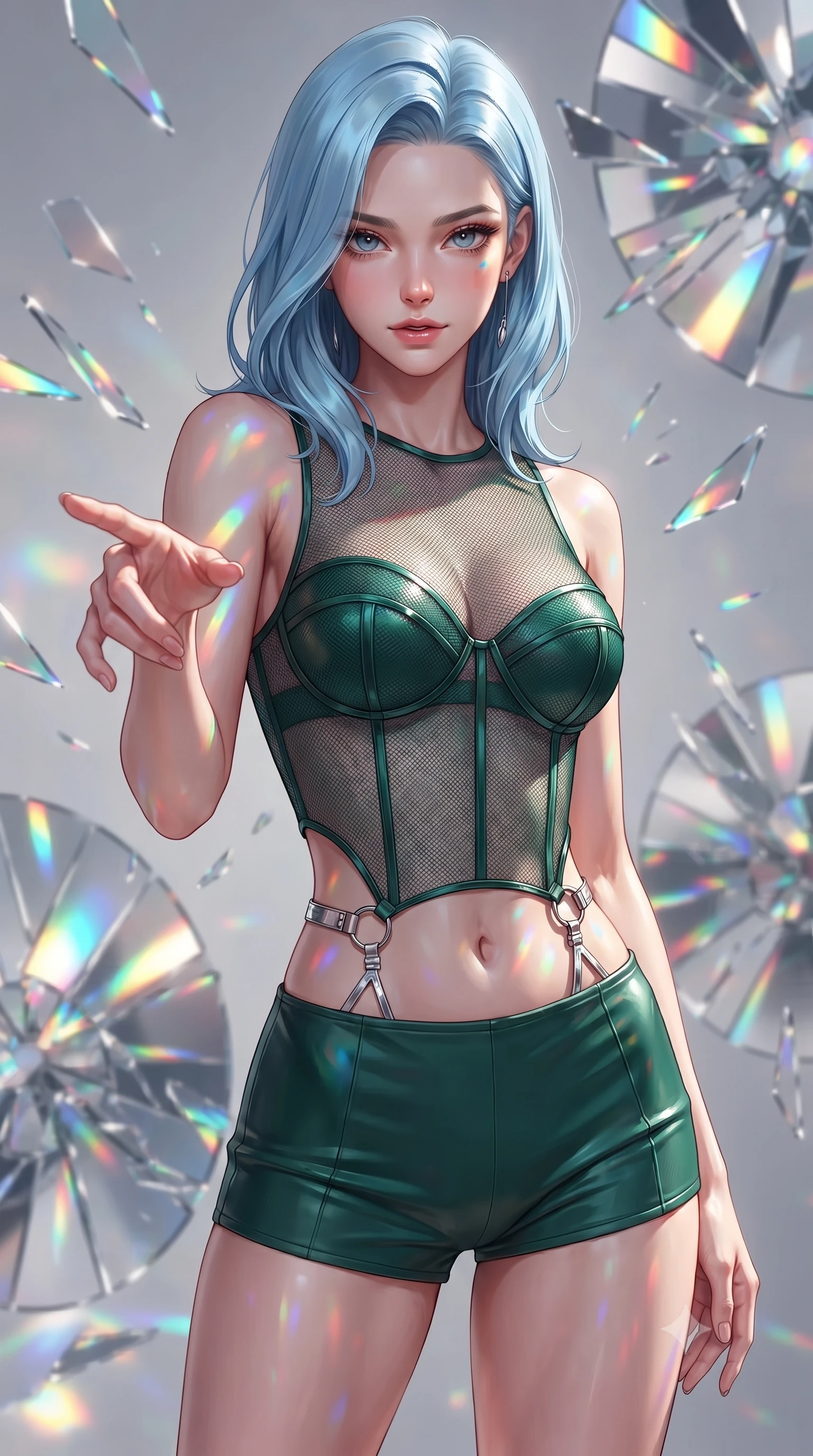 score_9, masterpiece, best quality, ultra-detailed, high-budget anime keyframe, editorial fashion photography, tasteful artistic composition, Korean woman. close-up cowboy shot from the waist and thighs up, the character dominates the composition, filling the frame with her large presence, background elements kept in soft focus. Reaching one hand gracefully toward the viewer with effortless superiority and allure surrounded by rotating shattered mirror sculptures reflecting bright acrylic colors, shattered mirror shards scattering brilliant rainbow reflections everywhere. She has an exceptionally elegant, slender, and willowy female figure with an ultra-slim waist, a gracefully sculpted slender torso, and a refined silhouette. sharp v-shaped jawline, high-bridge nose, intricate jewel-like eyes with depth, thick eyelashes, glossy lips with a natural sheen. wearing a delicate see-through mesh top with structured cup boning and micro-shorts in deep emerald green and silver accent, made of fine carbon-fiber weave and soft matte leather, accented with delicate chrome ring hardware framing her waist, the sleek second-skin texture accentuating her magnetic presence. illuminated by brilliant multi-color rainbow light refracting through glass. highly saturated vibrant anime colors, detailed shading with soft gradients, rich glossy textures, high-contrast stereoscopic depth, volumetric dynamic lighting, master piece, 9:16 ratio