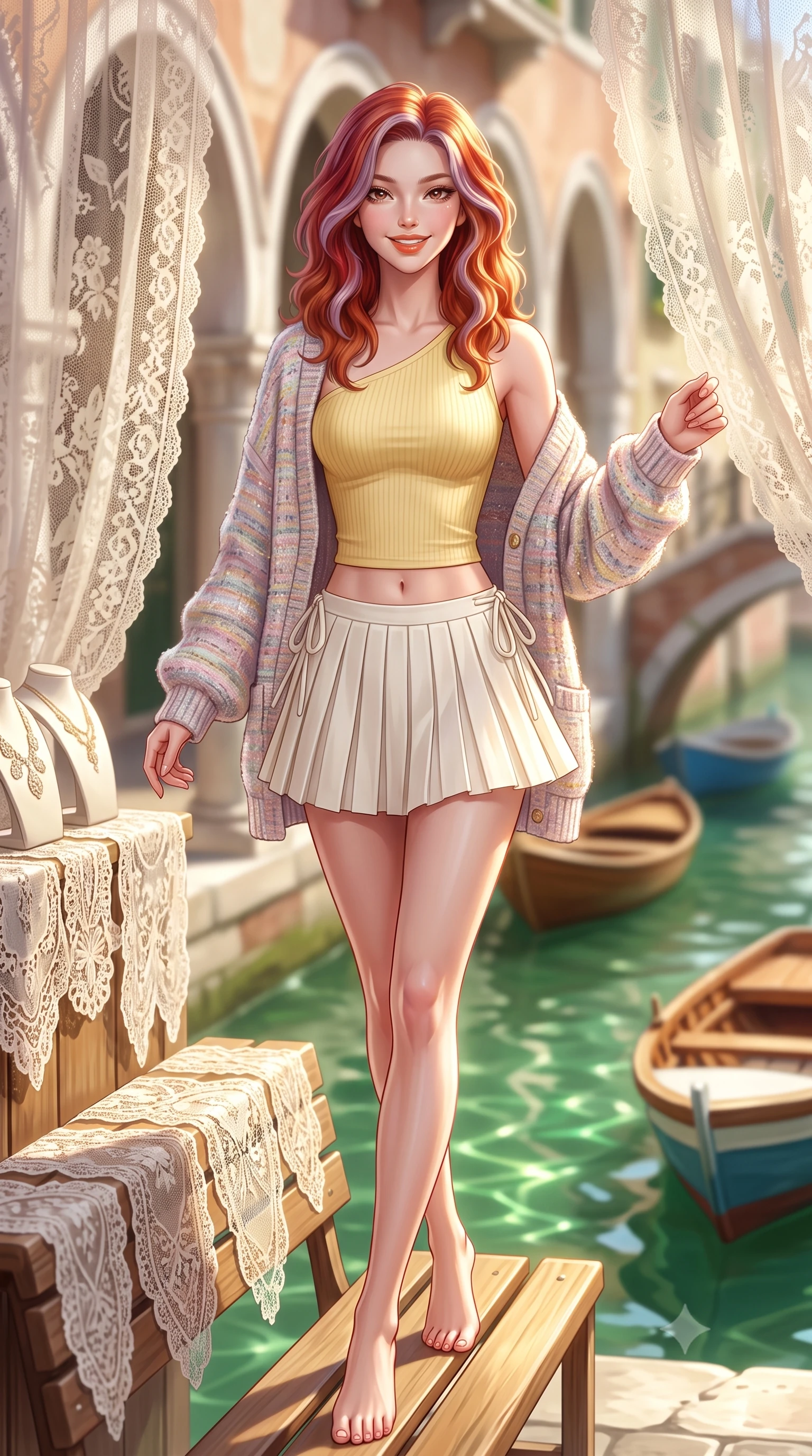 score_9, masterpiece, best quality, ultra-detailed, high-budget anime keyframe, semi-realistic 3D game render, editorial fashion photography, tasteful artistic composition, Caucasian woman. low angle full-body shot from head to toe showing her feet, filling the entire 9:16 vertical frame with her statuesque presence, stretching her vertical silhouette. stepping forward gracefully in mid-motion with a radiant beaming smile, hips swaying in an alluring kinetic rhythm that accentuates her curvy hourglass silhouette and long slender legs while sitting on a sunlit wooden bench beside handmade Venetian lace displays with legs crossed, her flat midriff and curvy hips highlighted in the sun. The composition keeps background elements in soft focus with dreamy creamy bokeh. hanging handmade lace curtains and small wooden boats softened in charming Italian shallow focus. She has an exceptionally tall and slender model-like 8.5-heads proportion, an ultra-slim waist, a flat toned midriff, narrow delicate ribcage, and beautifully sculpted feminine hips creating a graceful, slim hourglass silhouette without any bulky heaviness, with impossibly long slender legs. sharp v-shaped jawline, high-bridge nose, intricate jewel-like sparkling eyes with depth, thick eyelashes, glossy parted lips with a natural peach sheen, bright cheerful beaming smile with an enchanting and coquettish sensual glint, exuding both youthful cute charm and seductive allure, flawlessly proportioned anatomical accuracy, strict slender model proportions, natural body alignment, perfectly sculpted long slender limbs, ultra-slim waistline, clean dynamic posture without body distortion. wearing an asymmetrical one-shoulder ribbed top paired with a micro-pleated skirt with side hip ties in bright butter yellow and fresh cream white, tailored from soft pastel tweed with subtle metallic shimmer, complemented by an oversized soft knit cardigan slipping off one bare shoulder, the form-fitting cut adhering flawlessly to her sculpted flat midriff and slender torso, emphasizing her long leg lines and perfectly proportioned willowy build. illuminated by green canal water specular caustics sharply sculpting her razor-sharp jawline, narrow waist, and curvy hips. highly saturated vibrant anime colors, detailed shading with soft gradients, rich glossy textures, high-contrast stereoscopic depth, volumetric dynamic lighting, master piece, 9:16 ratio