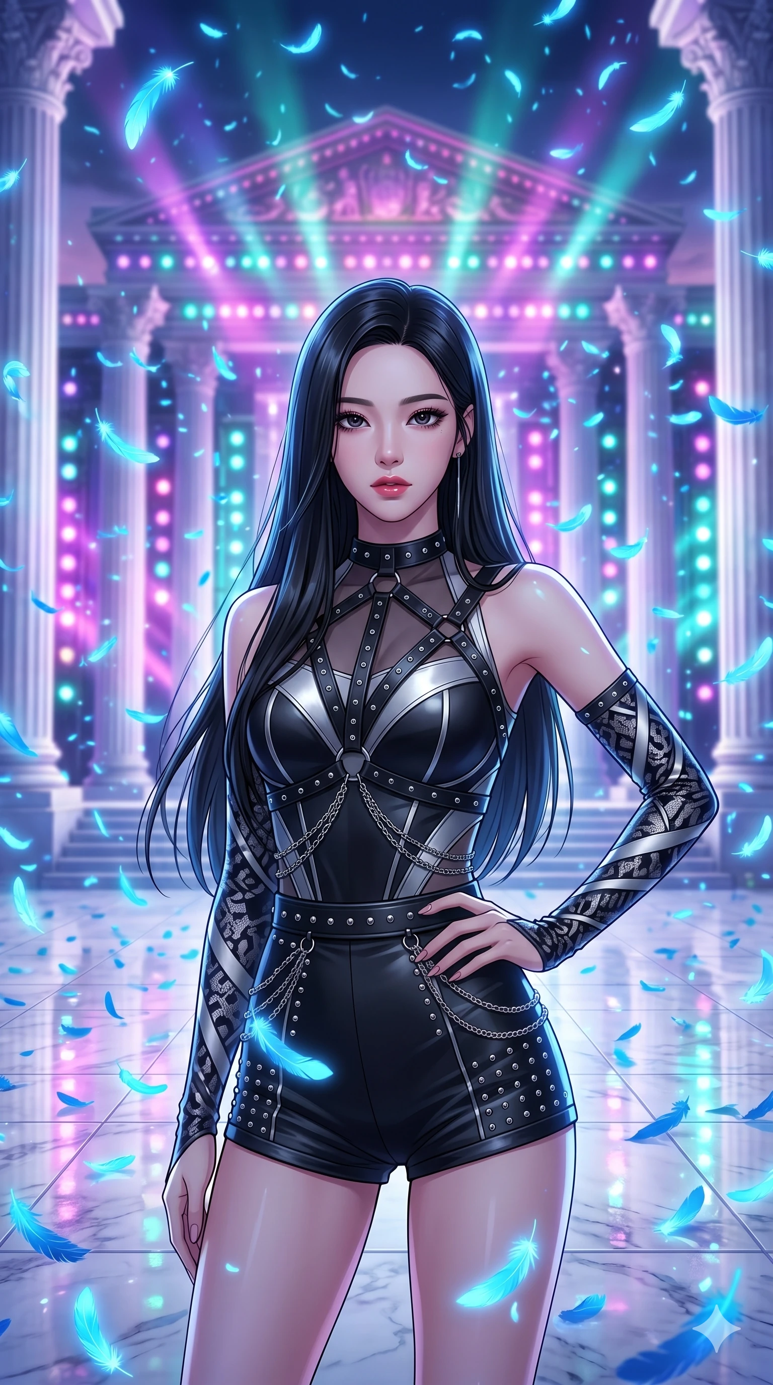 score_9, masterpiece, best quality, ultra-detailed, Set C: High-budget Anime Keyframe, Korean woman. Upper body close-up from the thighs up, character filling the screen for maximum presence. Standing in a blizzard of blue feathers in a white marble courtyard at dusk. She has an absolutely perfect 8-heads proportion, an exceptionally tall and slender female figure with an slender waist and mysterious gaze. Sharp v-shaped jawline, high-bridge nose, intricate jewel-like eyes with depth, thick eyelashes, glossy lips. Wearing a K-Idol Stage outfit: sleek bodysuit with a decorative harness and studded shorts. Background is a bright and colorful palace with white columns and thousands of glowing blue feathers. 2k, ultra detail, master piece, 9:16 ratio