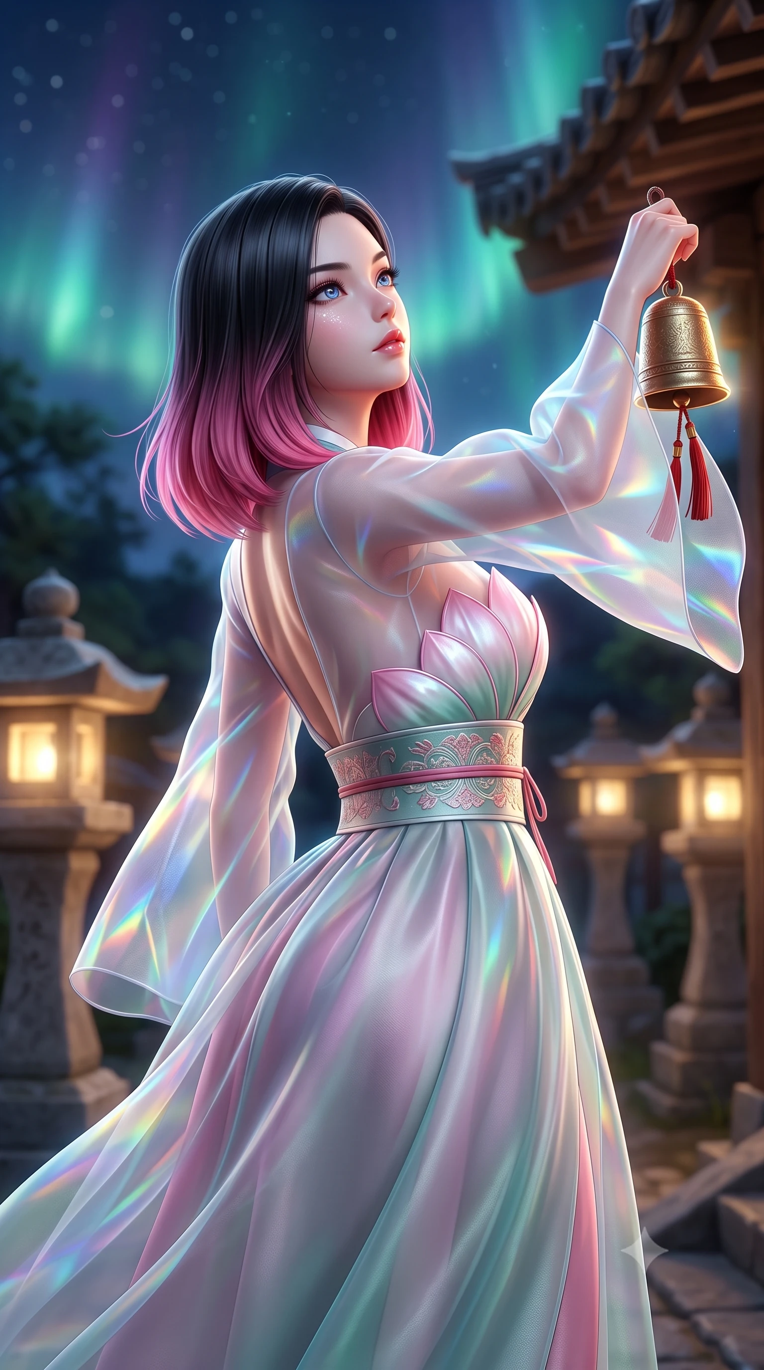 score_9, masterpiece, best quality, ultra-detailed, high-budget anime keyframe, semi-realistic 3D game render, editorial fashion photography, tasteful artistic composition, Korean woman. close-up cowboy shot from the waist and thighs up, the character dominates the composition, filling the frame with her large presence. radiating intense magnetic charisma with jewel-like eyes locked onto the viewer, her upper body turning in a dynamic, fluid S-curve while holding a glowing bronze ritual bell with red tassels, looking up at the aurora-filled sky with reverent, sparkling eyes. The composition keeps background elements in soft focus with creamy bokeh. glowing stone lanterns and wooden shrine eaves softened in cinematic shallow depth of field. She has an exceptionally elegant, slender, and willowy female figure with an ultra-slim waist, a gracefully sculpted slender torso, toned flat midriff, and a refined slim silhouette. sharp v-shaped jawline, high-bridge nose, intricate jewel-like eyes with depth, thick eyelashes, glossy lips with a natural sheen, captivating and magnetic expression, flawlessly proportioned anatomical accuracy, strict slender model proportions, natural body alignment, perfectly sculpted long slender limbs, ultra-slim waistline, clean dynamic posture without body distortion. wearing a modern fusion silk hanbok dress with sheer organza butterfly sleeves and a structured mother-of-pearl bodice in lotus petal pink and jade mist, crafted from weightless prism organza that refracts light with every motion, finished with a wide embroidered waist band emphasizing her slender midriff, the sleek tailored cut tightly hugging her graceful clavicle, narrow waist, and feminine curves with statuesque precision. illuminated by crisp directional rim lighting accentuating her slender curves, bare spine, and flowing robes. highly saturated vibrant anime colors, detailed shading with soft gradients, rich glossy textures, high-contrast stereoscopic depth, volumetric dynamic lighting, master piece, 9:16 ratio