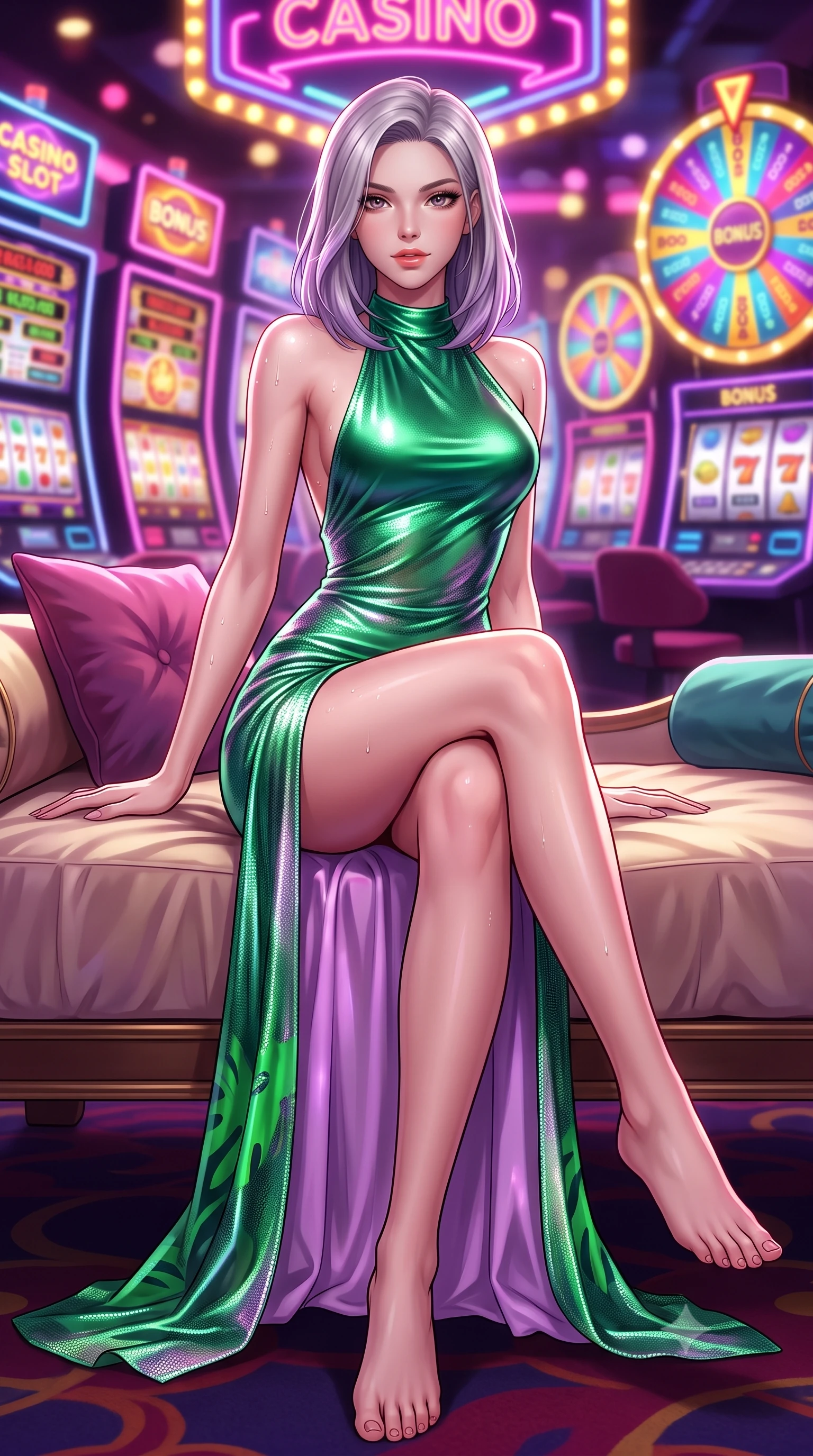 score_9, masterpiece, best quality, ultra-detailed, high-budget anime keyframe, semi-realistic 3D game render, editorial fashion photography, tasteful artistic composition, Caucasian woman. low angle full-body shot from head to toe showing her feet, filling the entire 9:16 vertical frame with her statuesque presence, stretching her vertical silhouette. lounging on the lavish daybed with legs crossed and hips angled toward the camera, displaying her toned midriff and long slender limbs with effortless siren poise while twisting her slender torso in an alluring contrapposto stance, kaleidoscope neon reels reflecting across her narrow waist and hips. The background shows a soft-focus hundreds of flashing digital slot reels, spinning bonus wheels, and overhead neon signs blurred into electric fuchsia, gold, and violet bokeh. She has an absolutely perfect, statuesque 8.5-heads proportion, an exceptionally tall and slender model-like female figure with impossibly long slender legs, an ultra-slim waist, a flat toned midriff, narrow delicate ribcage, and beautifully sculpted feminine hips creating a graceful, slim hourglass silhouette without any bulky heaviness. sharp v-shaped jawline, high-bridge nose, sparkling eyes with hypnotic seductive depth, thick curled eyelashes, glossy parted lips with a natural dewy peach sheen, alluring bedroom-eyes with an enchanting coquettish smile, exuding magnetic siren charisma and sophisticated glamour, flawlessly proportioned anatomical accuracy, strict slender model proportions, natural body alignment, perfectly sculpted long slender limbs, ultra-slim waistline, clean dynamic posture without body distortion. wearing a slinky backless halterneck column mini dress in shimmering liquid emerald satin with deep side leg slits in vibrant jungle monstera green and dewy orchid lavender, crafted from shimmering fluid chainmail mesh reflecting ambient casino lights, complemented by glistening drops of moisture beading across her sculpted shoulders and flat midriff, the second-skin tailored fabric adhering flawlessly to her sculpted flat midriff and slender torso, emphasizing her long leg lines and perfectly proportioned willowy build. bathed in rapid rhythmic multi-color neon pulses spilling from dozens of gaming machines. highly saturated vibrant anime colors, detailed shading with soft gradients, rich glossy textures, high-contrast stereoscopic depth, volumetric dynamic lighting, master piece, 9:16 ratio