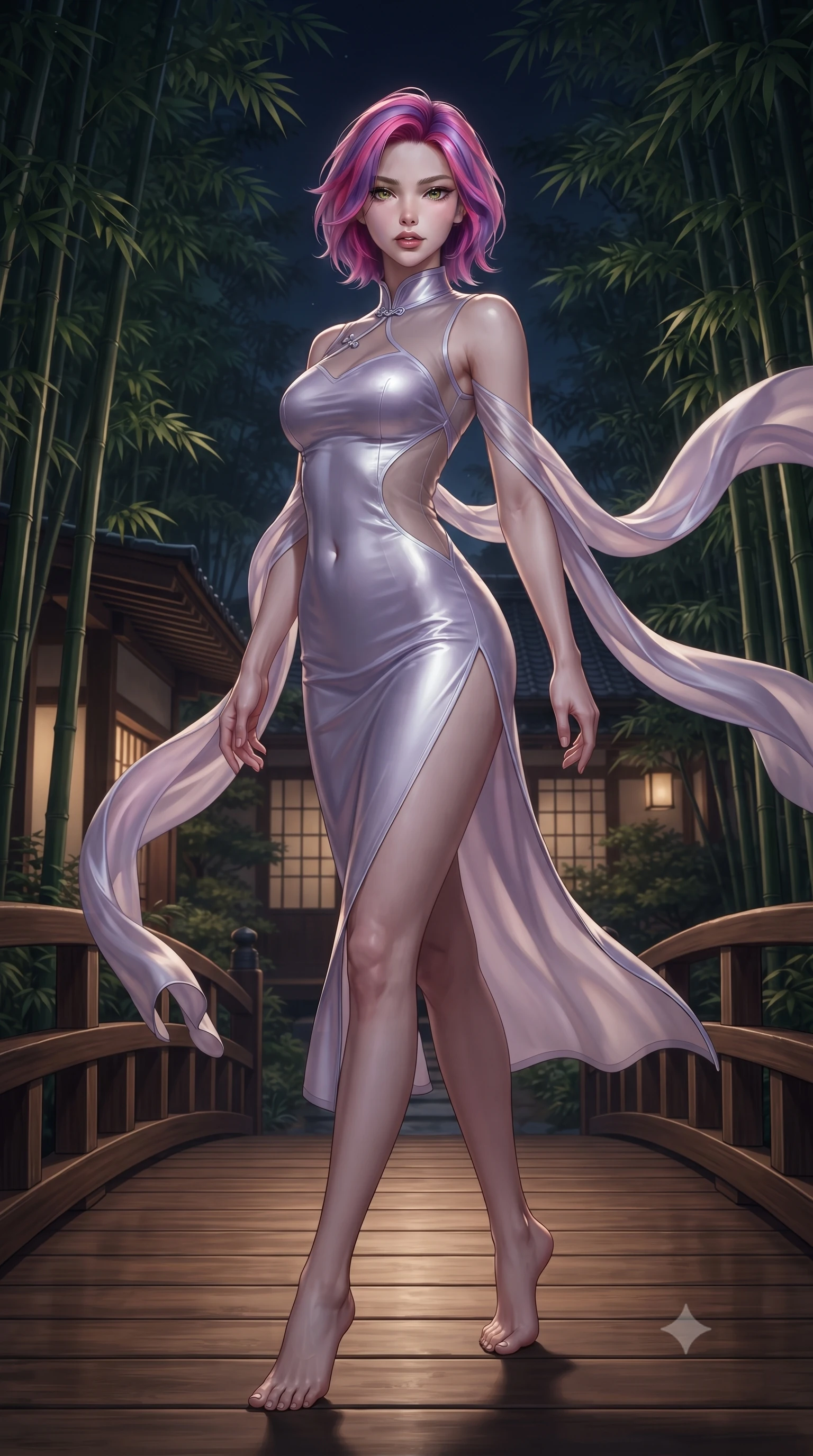 score_9, masterpiece, best quality, ultra-detailed, high-budget anime keyframe, editorial fashion photography, tasteful artistic composition, Caucasian woman. low angle full-body shot from head to toe showing her feet, filling the entire 9:16 vertical frame with her statuesque presence, stretching her vertical silhouette. reclining on her side in an elegant Cleopatra pose with one knee drawn up, the dramatic contour of her rounded hips and long slender legs commanding the 9:16 vertical frame while standing poised on the wooden bridge terrace, twisting her upper body in an alluring S-curve as night wind rustles through the bamboo canopy. The surrounding environment is rendered in vivid detail and crisp panoramic clarity. atmospheric nocturnal Japanese chiaroscuro and serene hot-spring retreat luxury rendered with precision. She has an absolutely perfect, statuesque 8.5-heads proportion, an exceptionally tall and slender model-like female figure with impossibly long slender legs, a toned flat midriff, an ultra-slim waist, and beautifully sculpted feminine hips. sharp v-shaped jawline, high-bridge nose, intricate jewel-like eyes with depth, thick eyelashes, glossy parted lips with a natural sheen, intensely captivating and seductive bedroom-eyes expression, flawlessly proportioned anatomical accuracy, strict slender model proportions, natural body alignment, perfectly sculpted long slender limbs, ultra-slim waistline, clean dynamic posture without body distortion. wearing a wet-look silk fusion wrap dress with asymmetrical sheer mesh cutouts and high Mandarin collar in ethereal lilac mist and pearlescent white, made of liquid bamboo jersey adhering seamlessly to her slender frame, finished with long flowing silk arm ribbons that float weightlessly in the night breeze, the precision-cut side openings and low-back scoop framing her graceful spine and the sensual sweep of her hips. surrounded by a tranquil, poetic, and deeply sensual Japanese ryokan muse aura. ultra-reflective glossy finish, specular highlights, rich textural contrasts, high-contrast stereoscopic depth, volumetric dynamic lighting, 2k, ultra detail, master piece, 9:16 ratio