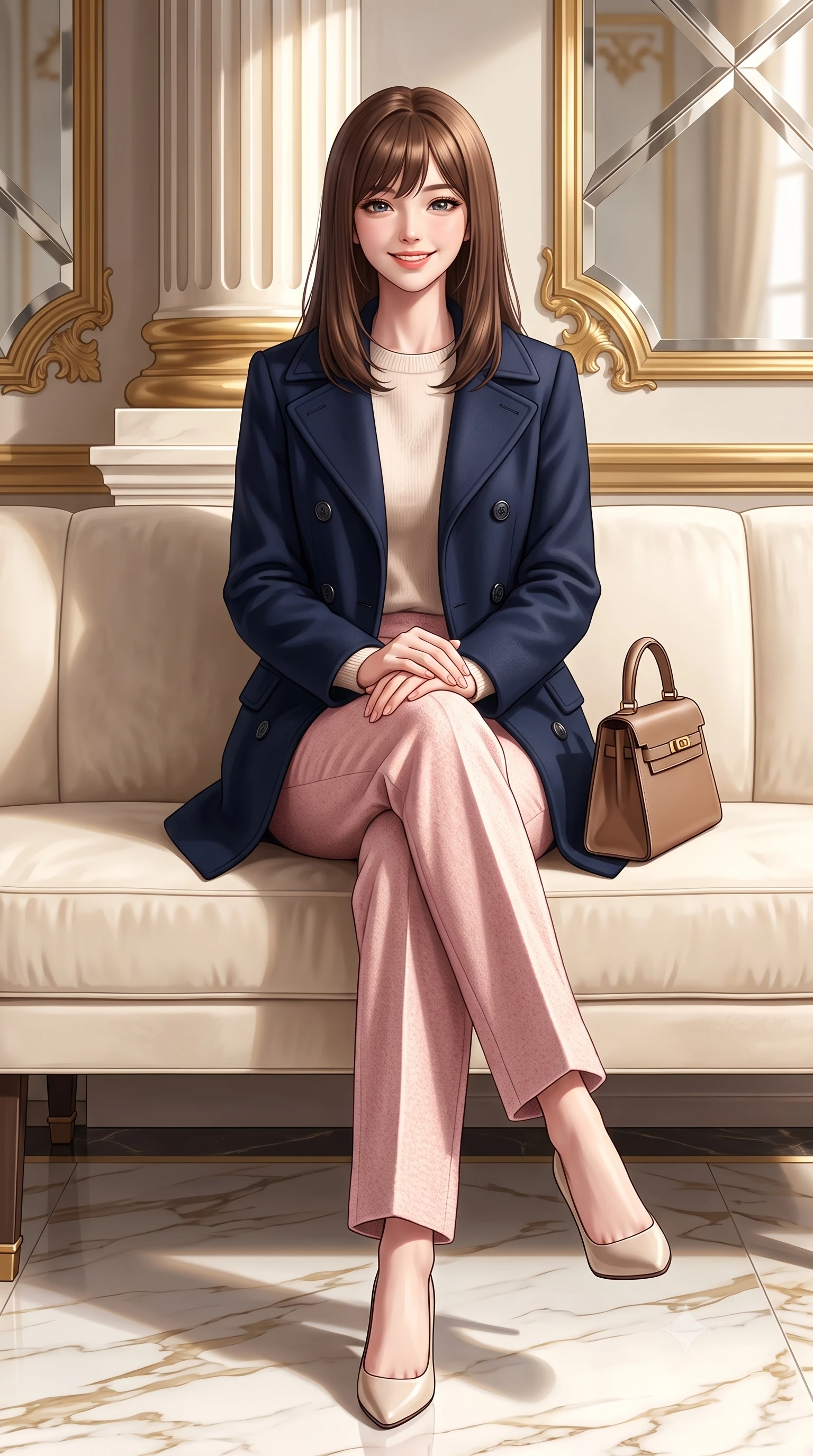 score_9, masterpiece, best quality, ultra-detailed, high-budget anime keyframe, semi-realistic 3D game render, editorial fashion photography, tasteful artistic composition, Korean woman. low angle full-body shot from head to toe showing her feet, filling the entire 9:16 vertical frame with her statuesque presence, stretching her vertical silhouette. leaning lightly against the sunlit architectural column with arms crossed loosely, flashing a warm, confident smile while sitting poised on an ivory velvet banquette with hands folded neatly in her lap, exuding impeccable French haute-couture elegance. The surrounding environment is rendered in vivid detail and crisp panoramic clarity: sharp beveled mirror frames, polished Calacatta gold marble floor veining, and gilded acanthus leaf moldings in deep focus. She has an exceptionally tall and slender model-like 8.5-heads proportion, an ultra-slim waist, a flat toned midriff, narrow delicate ribcage, and beautifully sculpted feminine hips creating a graceful, slim hourglass silhouette without any bulky heaviness, with impossibly long slender legs. sharp v-shaped jawline, high-bridge nose, intricate jewel-like sparkling eyes with depth, thick eyelashes, glossy parted lips with a natural peach sheen, bright cheerful beaming smile with an enchanting and coquettish sensual glint, exuding both youthful cute charm and seductive allure, flawlessly proportioned anatomical accuracy, strict slender model proportions, natural body alignment, perfectly sculpted long slender limbs, ultra-slim waistline, clean dynamic posture without body distortion. wearing a navy tailored wool peacoat with anchor buttons layered over a soft merino wool sweater and pressed pleated slacks in Parisian pastel rose bouclé and cream pearl, crafted from ultra-soft Mongolian cashmere with exquisite insulating warmth and tactile softness, finished with a structured leather top-handle mini bag resting gracefully at her side, the expertly draped wool fabric falling in crisp fluid lines along her tall 8.5-heads silhouette, celebrating her slender frame without excess fabric bulk. illuminated by polished marble floor bounce and pristine champagne rim lights defining her razor-sharp jawline and elegant tailored silhouette. highly saturated vibrant anime colors, detailed shading with soft gradients, rich glossy textures, high-contrast stereoscopic depth, volumetric dynamic lighting, master piece, 9:16 ratio