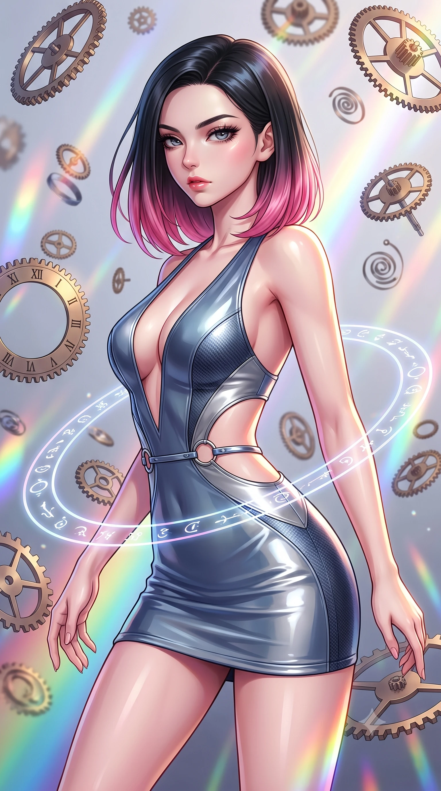 score_9, masterpiece, best quality, ultra-detailed, high-budget anime keyframe, editorial fashion photography, tasteful artistic composition, Korean woman. close-up cowboy shot from the waist and thighs up, the character dominates the composition, filling the frame with her large presence, background elements kept in soft focus. Pivoting sharply while looking back over her shoulder with heavy lashes and a confident, intense gaze while forging forward through a blizzard of floating analog clockwork parts in mid-air, glowing orbital glyphs hovering in fluid circular paths around her torso. She has an exceptionally elegant, slender, and willowy female figure with an ultra-slim waist, a gracefully sculpted slender torso, and a refined silhouette. sharp v-shaped jawline, high-bridge nose, intricate jewel-like eyes with depth, thick eyelashes, glossy lips with a natural sheen, flawlessly proportioned anatomical accuracy, natural body alignment, perfectly sculpted elegant limbs, clean dynamic posture without body distortion. wearing a liquid mercury gloss mini dress with ultra-deep V-neck and waist cutouts in slate blue and metallic silver, made of fine carbon-fiber weave and soft matte leather, accented with delicate chrome ring hardware framing her waist, the glove-like fit emphasizing her statuesque silhouette during motion. illuminated by cascading rainbow prismatic rays and rich metallic rim highlights. highly saturated vibrant anime colors, detailed shading with soft gradients, rich glossy textures, high-contrast stereoscopic depth, volumetric dynamic lighting, master piece, 9:16 ratio