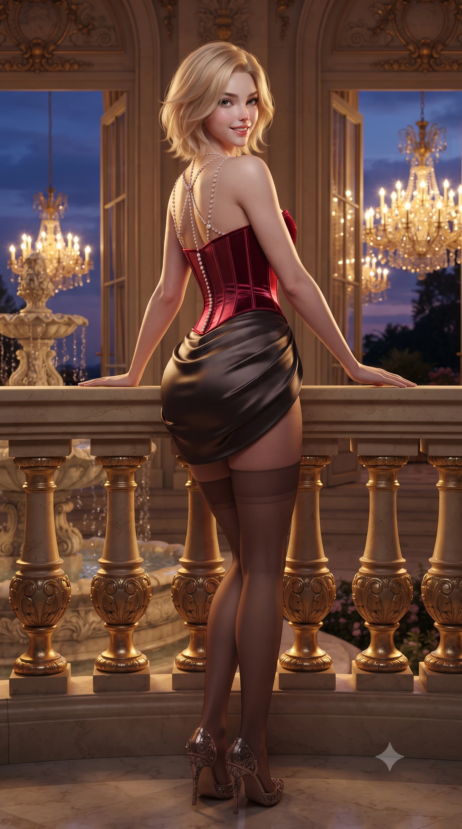 score_9, masterpiece, best quality, ultra-detailed, high-budget anime keyframe, editorial fashion photography, tasteful artistic composition, Caucasian woman. low angle full-body shot from head to toe showing her feet, filling the entire 9:16 vertical frame with her statuesque presence, stretching her vertical silhouette. leaning deep against the balcony balustrade with hips cocked back in an unapologetically alluring high-fashion stance, casting an intoxicating glance while leaning against the classical gilded stone fountain with hips cocked back, looking over a bare shoulder with an intoxicating smoldering bedroom-gaze. The surrounding environment is rendered in vivid detail and crisp panoramic clarity: detailed liquid silk gown texture, sparkling diamond choker facets, and Belle Époque architectural relief in razor-sharp precision. She has an exceptionally tall and slender model-like 8.5-heads proportion, an ultra-slim waist, a flat toned midriff, narrow delicate ribcage, and beautifully sculpted feminine hips creating a graceful, slim hourglass silhouette without any bulky heaviness, with impossibly long slender legs. sharp v-shaped jawline, high-bridge nose, intricate jewel-like sparkling eyes with depth, thick eyelashes, glossy parted lips with a natural peach sheen, bright cheerful beaming smile with an enchanting and coquettish sensual glint, exuding both youthful cute charm and seductive allure, flawlessly proportioned anatomical accuracy, strict slender model proportions, natural body alignment, perfectly sculpted long slender limbs, ultra-slim waistline, clean dynamic posture without body distortion. wearing a structured boned satin corset bodice with crushed velvet piping paired with a draped tulip mini skirt and sheer thigh-highs in rich ruby crimson and dark brushed titanium, made of semi-opaque stretch illusion mesh with soft shadowy contours along her waist, accented with a pearl-drop body harness subtly framing her dewy collarbones and spine, the second-skin tailored fabric adhering flawlessly to her sculpted flat midriff and slender torso, emphasizing her long leg lines and perfectly proportioned willowy build. bathed in the opulent golden 2800K glow of neoclassical crystal chandeliers spilling from palace French doors mixed with Mediterranean dusk sky. ultra-reflective glossy finish, specular highlights, rich textural contrasts, high-contrast stereoscopic depth, volumetric dynamic lighting, 2k, ultra detail, master piece, 9:16 ratio