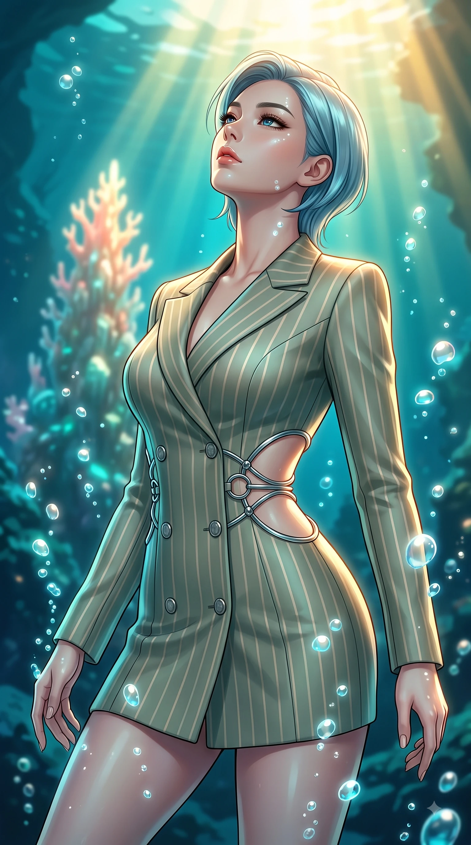 score_9, masterpiece, best quality, ultra-detailed, high-budget anime keyframe, editorial fashion photography, tasteful artistic composition, Korean woman. close-up cowboy shot from the waist and thighs up, the character dominates the composition, filling the frame with her large presence, background elements kept in soft focus. Tilting her chin up with composed magnetism as dramatic side lighting traces her sculpted waist and hip contour while floating dynamically near a glowing coral spire as sunbeams penetrate deep turquoise ocean rays, rising bioluminescent bubbles casting soft pearl-like highlights on her athletic build. She has an exceptionally elegant, slender, and willowy female figure with an ultra-slim waist, a gracefully sculpted slender torso, and a refined silhouette. sharp v-shaped jawline, high-bridge nose, intricate jewel-like eyes with depth, thick eyelashes, glossy lips with a natural sheen, flawlessly proportioned anatomical accuracy, natural body alignment, perfectly sculpted elegant limbs, clean dynamic posture without body distortion. wearing a double-breasted blazer dress with subtle metallic pin-stripes in sage green and oatmeal, formed from sleek second-skin neoprene, accented with delicate chrome ring hardware framing her waist, the sleek second-skin texture accentuating her magnetic presence. illuminated by luminous aqua bioluminescence and warm golden top lighting. highly saturated vibrant anime colors, detailed shading with soft gradients, rich glossy textures, high-contrast stereoscopic depth, volumetric dynamic lighting, master piece, 9:16 ratio