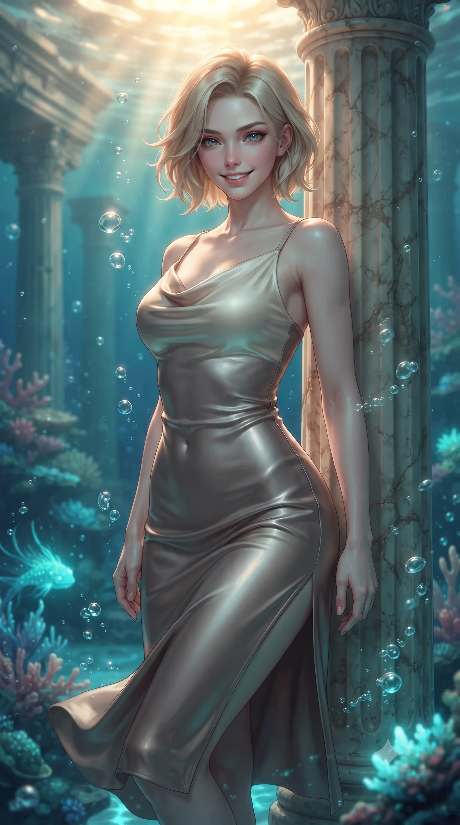 score_9, masterpiece, best quality, ultra-detailed, high-budget anime keyframe, editorial fashion photography, tasteful artistic composition, Caucasian woman. close-up cowboy shot from the waist and thighs up, the character dominates the composition, filling the frame with her large presence, background elements kept in soft focus. Smiling with quiet, magnetic self-assurance directly into the lens resting against an antique marble pillar as gentle sea bubbles rise around her, gentle ocean currents swaying her attire in fluid underwater motions. She has an exceptionally elegant, slender, and willowy female figure with an ultra-slim waist, a gracefully sculpted slender torso, and a refined silhouette. sharp v-shaped jawline, high-bridge nose, intricate jewel-like eyes with depth, thick eyelashes, glossy lips with a natural sheen. wearing an elegant cowl-neck satin midi dress with a draped neckline in muted taupe and soft ivory, made of fine carbon-fiber weave and soft matte leather, finished with a sleek side slit ascending to mid-thigh, the glove-like fit emphasizing her statuesque silhouette. illuminated by luminous aqua bioluminescence and warm golden top lighting. ultra-reflective glossy finish, specular highlights, metallic sheen, high-contrast stereoscopic depth, volumetric dynamic lighting, 2k, ultra detail, master piece, 9:16 ratio