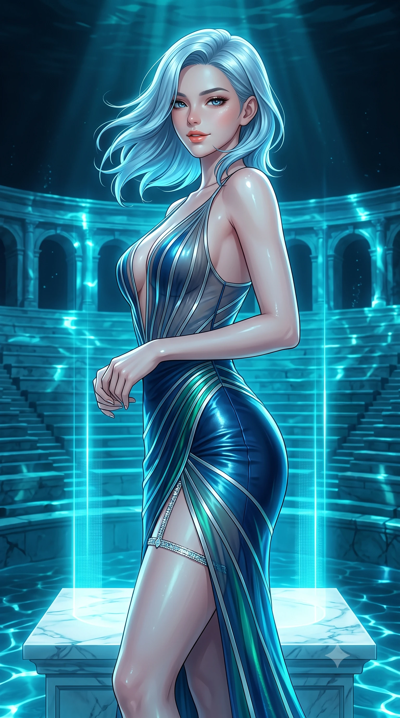 score_9, masterpiece, best quality, ultra-detailed, high-budget anime keyframe, editorial fashion photography, tasteful artistic composition, Korean woman. close-up cowboy shot from the waist and thighs up, the character dominates the composition, filling the frame with her large presence. turning slowly with an enchanting smoldering smile, her glossy hair tossing in the breeze as her hips angle gracefully in a captivating contrapposto while standing poised on the submerged white marble podium reconstructed with solid cyan hard-light holograms, arching her lower back with sovereign supermodel allure. The surrounding environment is rendered in vivid detail and crisp panoramic clarity: detailed garment drape, high-gloss wet-look sheen, and grand sunken amphitheater architecture in high resolution. She has an exceptionally elegant, slender, and willowy female figure with an ultra-slim waist, flat toned midriff, narrow ribcage, and sculpted feminine hips creating an alluring, slim hourglass silhouette without bulk. sharp v-shaped jawline, high-bridge nose, intricate jewel-like sparkling eyes with depth, thick eyelashes, glossy parted lips with a natural peach sheen, bright cheerful beaming smile with an enchanting and coquettish sensual glint, exuding both youthful cute charm and seductive allure, flawlessly proportioned anatomical accuracy, strict slender model proportions, natural body alignment, perfectly sculpted long slender limbs, ultra-slim waistline, clean dynamic posture without body distortion. wearing a plunge-front sheer illusion tulle slip dress with liquid platinum ribbon stripes hugging her curves in abyssal ocean sapphire and bioluminescent emerald, woven from buttery-soft stretch lambskin leather adhering to her body like a second skin, finished with delicate crystal-encrusted thigh garter straps glinting in the dim light, the glove-like clinging cut tightly following the natural contour of her hips and long slender legs with youthful 8.5-heads elegance. bathed in brilliant underwater cyan caustic ribbons and pulsing hard-light holographic projections. ultra-reflective glossy finish, specular highlights, rich textural contrasts, high-contrast stereoscopic depth, volumetric dynamic lighting, 2k, ultra detail, master piece, 9:16 ratio