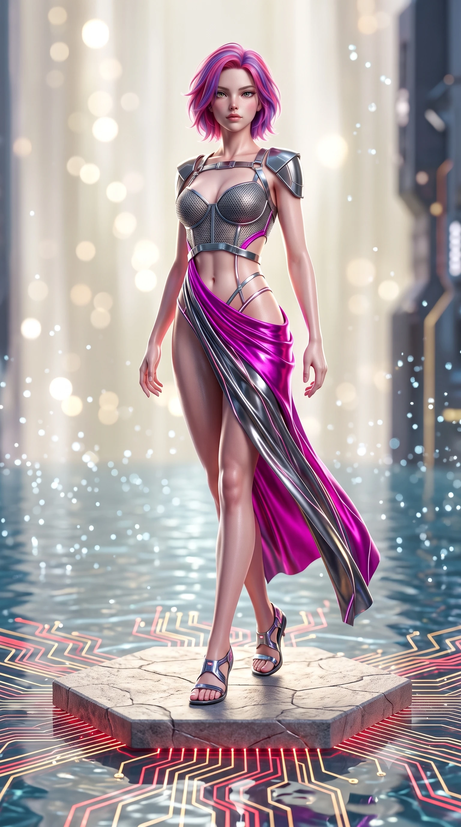 score_9, masterpiece, best quality, ultra-detailed, high-budget anime keyframe, semi-realistic 3D game render, editorial fashion photography, tasteful artistic composition, Caucasian woman. low angle full-body shot from head to toe showing her feet, filling the entire 9:16 vertical frame with her statuesque presence, stretching her vertical silhouette. pivoting dynamically in mid-motion with a breathtakingly alluring posture, displaying her flawless model proportions, toned flat midriff, and ultra-slim waist while pivoting dynamically on a floating hexagonal stone platform as glowing red and gold circuit lines ripple through the water. The composition keeps background elements in soft focus with creamy bokeh. sparkling water matrix light motes creating a soft, luminous background curtain. She has an absolutely perfect, statuesque 8.5-heads proportion, an exceptionally tall and slender model-like female figure with impossibly long slender legs, a toned flat midriff, and an ultra-slim waist. sharp v-shaped jawline, high-bridge nose, intricate jewel-like eyes with depth, thick eyelashes, glossy lips with a natural sheen, flawlessly proportioned anatomical accuracy, strict slender model proportions, natural body alignment, perfectly sculpted long slender limbs, ultra-slim waistline, clean dynamic posture without body distortion. wearing a structured titanium-mesh bustier with geometric shoulder pauldrons and an ultra-slender liquid jersey drape in vibrant electric magenta and ultra-reflective dark titanium, tailored from semi-translucent cybernetic vinyl with glowing micro-filaments, reinforced by a sleek metallic chrome harness and delicate glowing micro-straps, the sleek second-skin cut tightly hugging her graceful clavicle, narrow waist, and feminine curves with athletic precision. illuminated by crisp specular highlights tracing her sculpted flat midriff, waist, and long slender legs. rich saturated anime colors with glowing neon highlights, detailed shading with soft gradients, rich glossy textures, high-contrast stereoscopic depth, volumetric dynamic lighting, master piece, 9:16 ratio