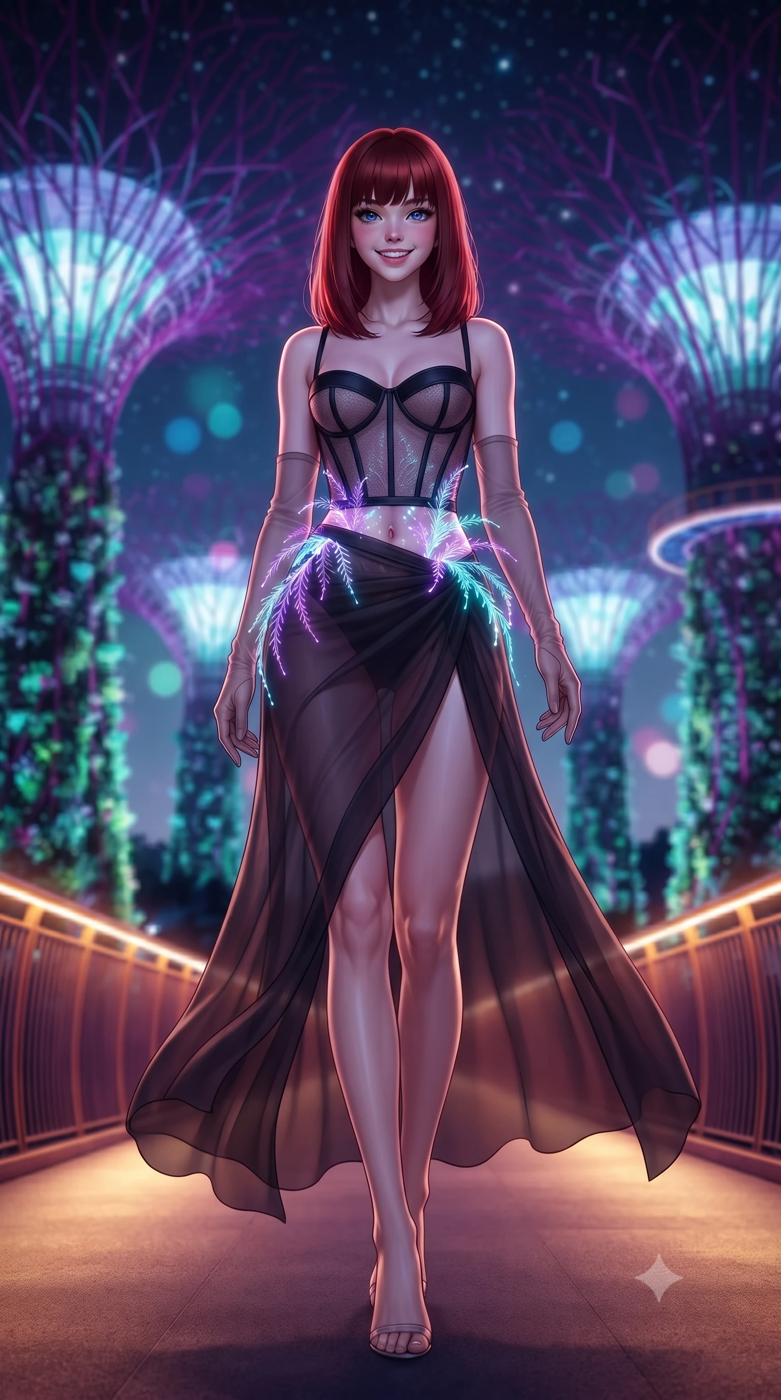 score_9, masterpiece, best quality, ultra-detailed, high-budget anime keyframe, editorial fashion photography, tasteful artistic composition, Caucasian woman. low angle full-body shot from head to toe showing her feet, filling the entire 9:16 vertical frame with her statuesque presence, stretching her vertical silhouette. stepping slowly toward the camera with hypnotic grace, hips swaying in an alluring sensual rhythm that accentuates her curvy hourglass silhouette and long slender legs while twisting her slender torso in an alluring S-curve, glowing violet and cyan fiber-optic ferns casting electric highlights across her flat midriff and hips. The background shows a soft-focus colossal 16-story Supertrees wrapped in vertical gardens and pulsing with electric violet and cyan lights, nocturnal mist clouds, and starry sky blurred into magenta, turquoise, and sapphire bokeh. She has an exceptionally tall and slender model-like 8.5-heads proportion, an ultra-slim waist, a flat toned midriff, narrow delicate ribcage, and beautifully sculpted feminine hips creating a graceful, slim hourglass silhouette without any bulky heaviness, with impossibly long slender legs. sharp v-shaped jawline, high-bridge nose, intricate jewel-like sparkling eyes with depth, thick eyelashes, glossy parted lips with a natural peach sheen, bright cheerful beaming smile with an enchanting and coquettish sensual glint, exuding both youthful cute charm and seductive allure, flawlessly proportioned anatomical accuracy, strict slender model proportions, natural body alignment, perfectly sculpted long slender limbs, ultra-slim waistline, clean dynamic posture without body distortion. wearing a provocative translucent mesh corset bodice with boned satin channels paired with a sheer chiffon wrap maxi skirt in Joshua Tree Mojave obsidian and starlight platinum, crafted from bespoke double-faced cashmere with an exceptionally soft tactile finish, complemented by sheer opera-length evening gloves tracing her slender arms, the liquid-tight tailored fabric clinging flawlessly to her narrow waist and rounded feminine hips, emphasizing every millimeter of her sculpted slim hourglass curves without any bulky heaviness. bathed in the saturated violet-and-cyan 4000K luminescence of Supertree LED light shows mixed with warm skyway pathway glows. ultra-reflective glossy finish, specular highlights, rich textural contrasts, high-contrast stereoscopic depth, volumetric dynamic lighting, 2k, ultra detail, master piece, 9:16 ratio
