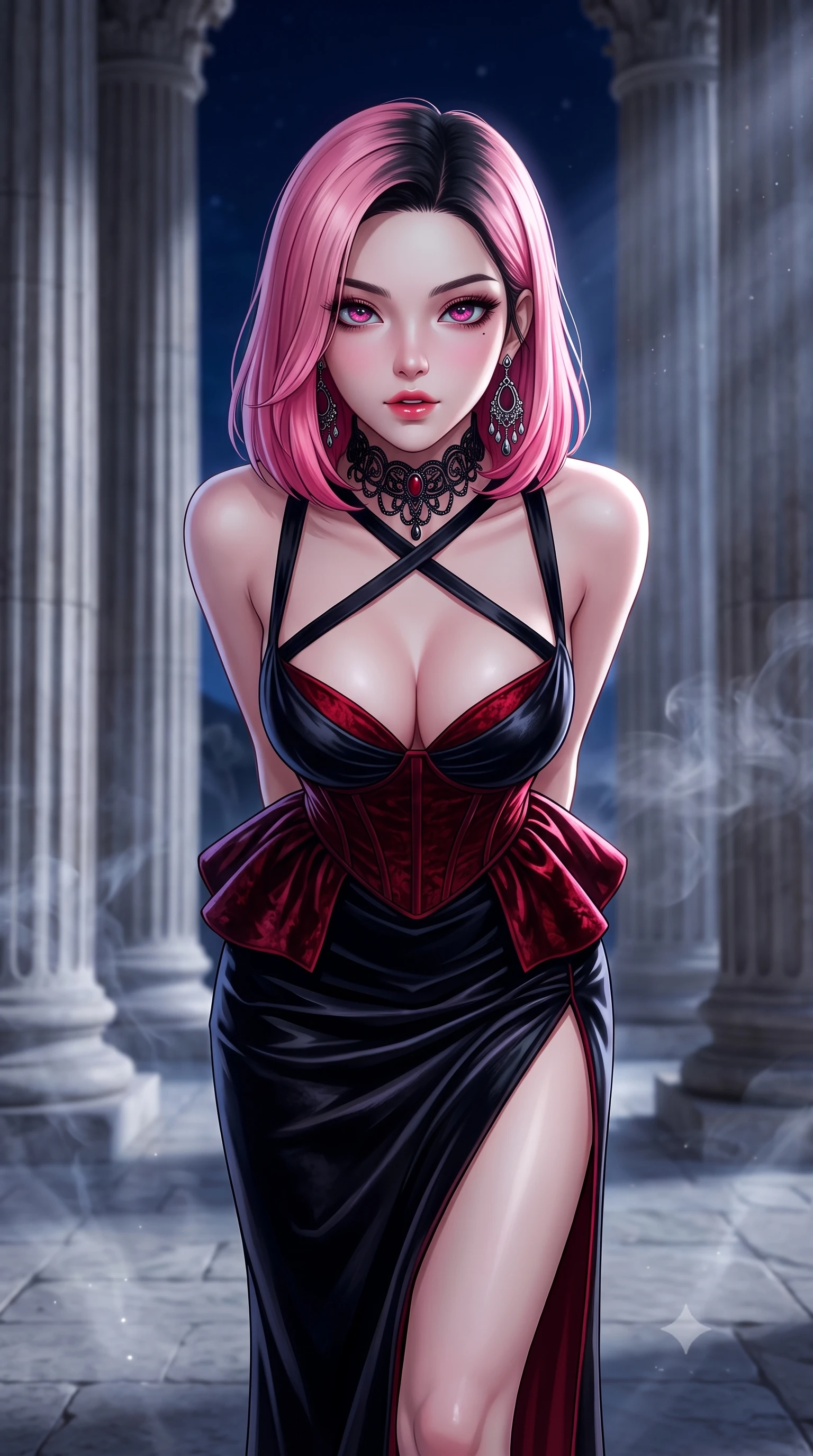 score_9, masterpiece, best quality, ultra-detailed, high-budget anime keyframe, semi-realistic 3D game render, editorial fashion photography, tasteful artistic composition, Korean woman. close-up cowboy shot from the waist and thighs up, the character dominates the composition, filling the frame with her large presence. leaning forward toward the camera with playful, breathtaking intimacy, eyes locked onto the viewer with irresistible charisma while standing poised between towering fluted stone columns, eyes glowing with hypnotic intensity under the velvet night sky. The composition keeps background elements in soft focus with creamy bokeh. drifting incense smoke and lunar light rays scattering ethereal radiant motes across the stone flags. She has an exceptionally elegant, slender, and willowy female figure with an ultra-slim waist, a gracefully sculpted slender torso, toned flat midriff, and a refined slim silhouette. sharp v-shaped jawline, high-bridge nose, intricate jewel-like eyes with depth, thick eyelashes, glossy parted lips with a natural sheen, intensely captivating and seductive expression, flawlessly proportioned anatomical accuracy, strict slender model proportions, natural body alignment, perfectly sculpted long slender limbs, ultra-slim waistline, clean dynamic posture without body distortion. wearing an architectural peplum corset dress with crossed back straps and a high side slit in midnight obsidian black and blood crimson, crafted from heavyweight crushed silk velvet with liquid luster, finished with a dramatic filigree Victorian choker and chandelier earrings, the liquid-tight tailored fabric emphasizing every curve of her tall, slender model proportions and sculptured silhouette during dynamic movement. surrounded by an immortal, transcendent, and breathtakingly majestic gothic siren aura. highly saturated vibrant anime colors, detailed shading with soft gradients, rich glossy textures, high-contrast stereoscopic depth, volumetric dynamic lighting, master piece, 9:16 ratio