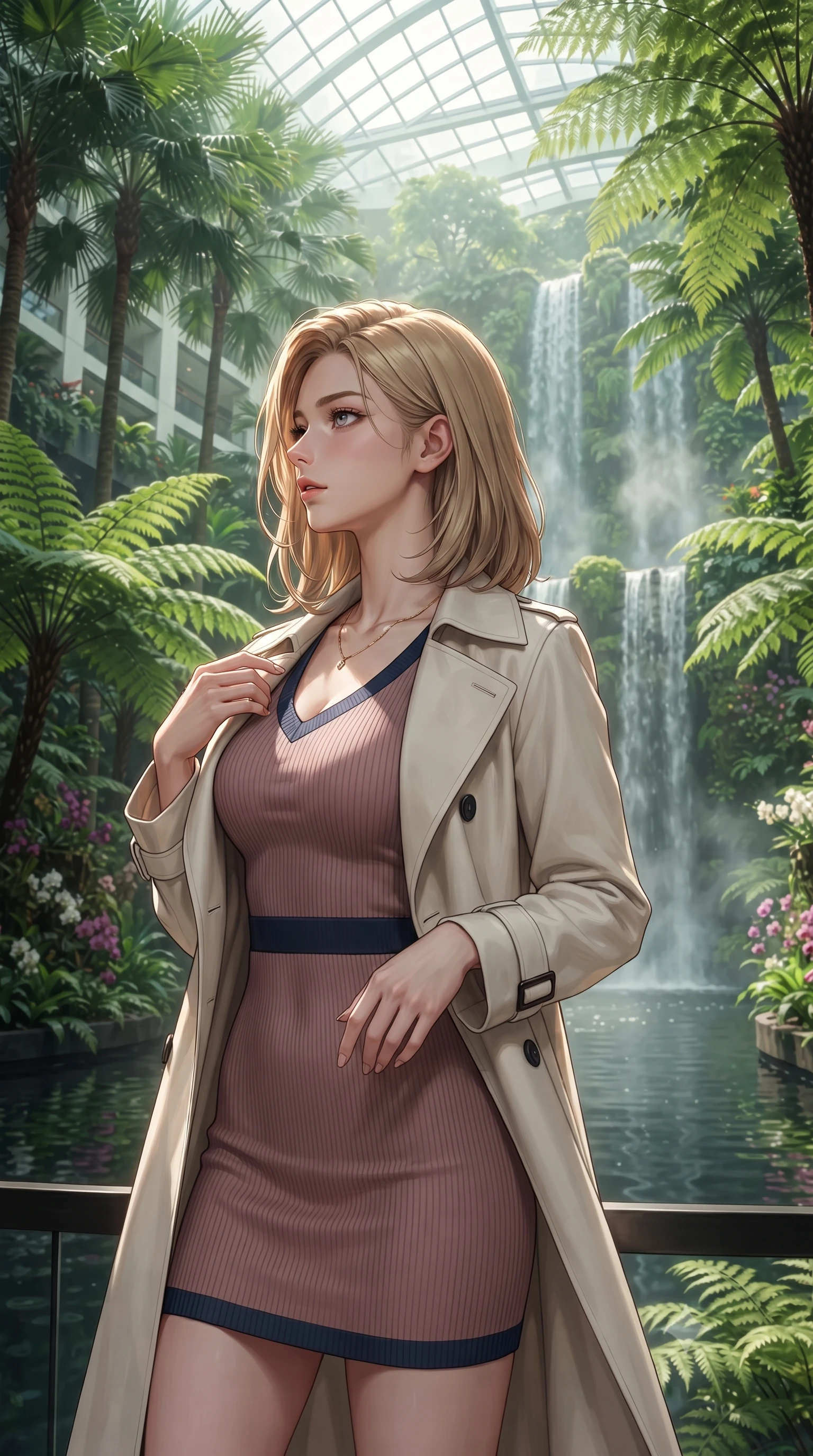 score_9, masterpiece, best quality, ultra-detailed, high-budget anime keyframe, editorial fashion photography, tasteful artistic composition, Korean woman. close-up cowboy shot from the waist and thighs up, the character dominates the composition, filling the frame with her large presence, background elements kept in soft focus. Turning her face in sharp dramatic profile against the light. set against a soft-focus background of a luxury hotel's soaring six-story glass atrium filled with towering tropical palms massive ferns rare orchid collections and a grand waterfall cascading down a living moss wall into a reflection pool. She has an exceptionally elegant and slender, willowy female figure with an ultra-slim waist, a gracefully sculpted slender torso, and a refined slim physique. sharp v-shaped jawline, high-bridge nose, intricate jewel-like eyes with depth, thick eyelashes, glossy lips with a natural sheen. wearing a body-con mini dress in a two-tone ribbed knit of dusty rose and navy, paired with a light cream trench coat. abundant natural light flooding through the glass atrium roof filtered through tropical canopy creating green-tinted dappled illumination with mist from the waterfall softening everything. 2k, ultra detail, master piece, 9:16 ratio