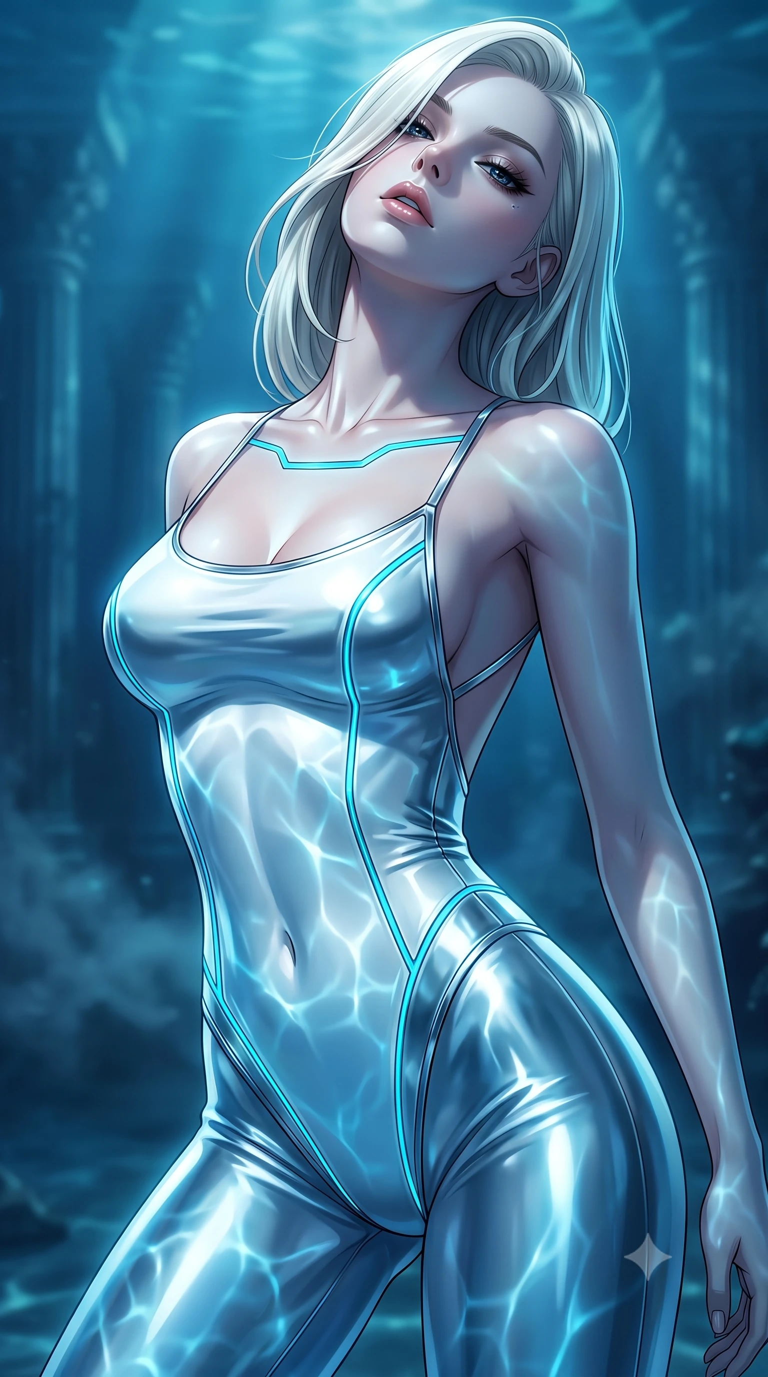 score_9, masterpiece, best quality, ultra-detailed, high-budget anime keyframe, semi-realistic 3D game render, editorial fashion photography, tasteful artistic composition, Caucasian woman. close-up cowboy shot from the waist and thighs up, the character dominates the composition, filling the frame with her large presence. tilting her head back with a sensual alluring expression, exposing her throat and shoulders to the camera with heavy lashes and softly parted glossy lips while stretching forward with an alluring S-curve silhouette as deep ocean caustics illuminate her torso. The composition keeps background elements in soft focus with creamy bokeh. distant submerged temple columns and underwater mist softened in smooth atmospheric depth of field. She has an exceptionally elegant, slender, and willowy female figure with an ultra-slim waist, a gracefully sculpted slender torso, and a refined silhouette. sharp v-shaped jawline, high-bridge nose, intricate jewel-like eyes with depth, thick eyelashes, glossy lips with a natural sheen, flawlessly proportioned anatomical accuracy, natural body alignment, perfectly sculpted elegant limbs, clean dynamic posture without body distortion. wearing a liquid chrome micro-bodysuit sculpted tightly to her figure, featuring razor-thin metallic straps and an open back in pure snow white latex and glowing cyan circuit seams, made of liquid metal jersey that clings flawlessly to every contour of her build, accented with glowing fiber-optic seams tracing her collarbones and hip curves, the glove-like fit tightly following every curve of her statuesque athletic build. illuminated by intense cyan caustic ripples from below and cool sapphire ambient shadow. highly saturated vibrant anime colors, detailed shading with soft gradients, rich glossy textures, high-contrast stereoscopic depth, volumetric dynamic lighting, master piece, 9:16 ratio