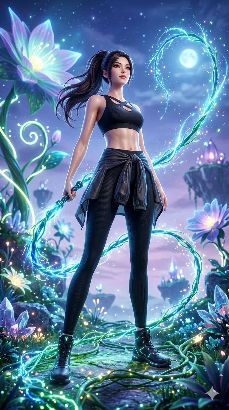 score_9, masterpiece, best quality, ultra-detailed, Semi-realistic 3D Game Render, high-fidelity character model, intricate textures, dynamic particle effects, Unreal Engine 5 aesthetic, crisp 3D depth, Japanese woman with delicate and elegant anime-inspired features. Low angle cowboy shot filling the entire 9:16 frame with her statuesque presence, looking up to emphasize her height. Wielding a glowing vine whip that crackles with bioluminescent energy, devoid of thorns. She has an absolutely perfect 8-heads proportion, an exceptionally tall and slender female figure with impossibly long slender legs and an ultra-slim waist, her statuesque height and towering silhouette dominating the vertical 9:16 frame. Her face is a masterpiece featuring a sharp v-shaped jawline, high-bridge nose, intricate jewel-like eyes with depth, thick eyelashes, and glossy lips with a natural sheen. She is wearing a Premium ribbed leggings with a matching cross-back sports bra, semi-transparent windbreaker tied around the waist, and an exposed midriff.. The scene is set in a floating island covered in giant glowing flowers and vines of pure energy. 2k, ultra detail, master piece, 9:16 ratio
