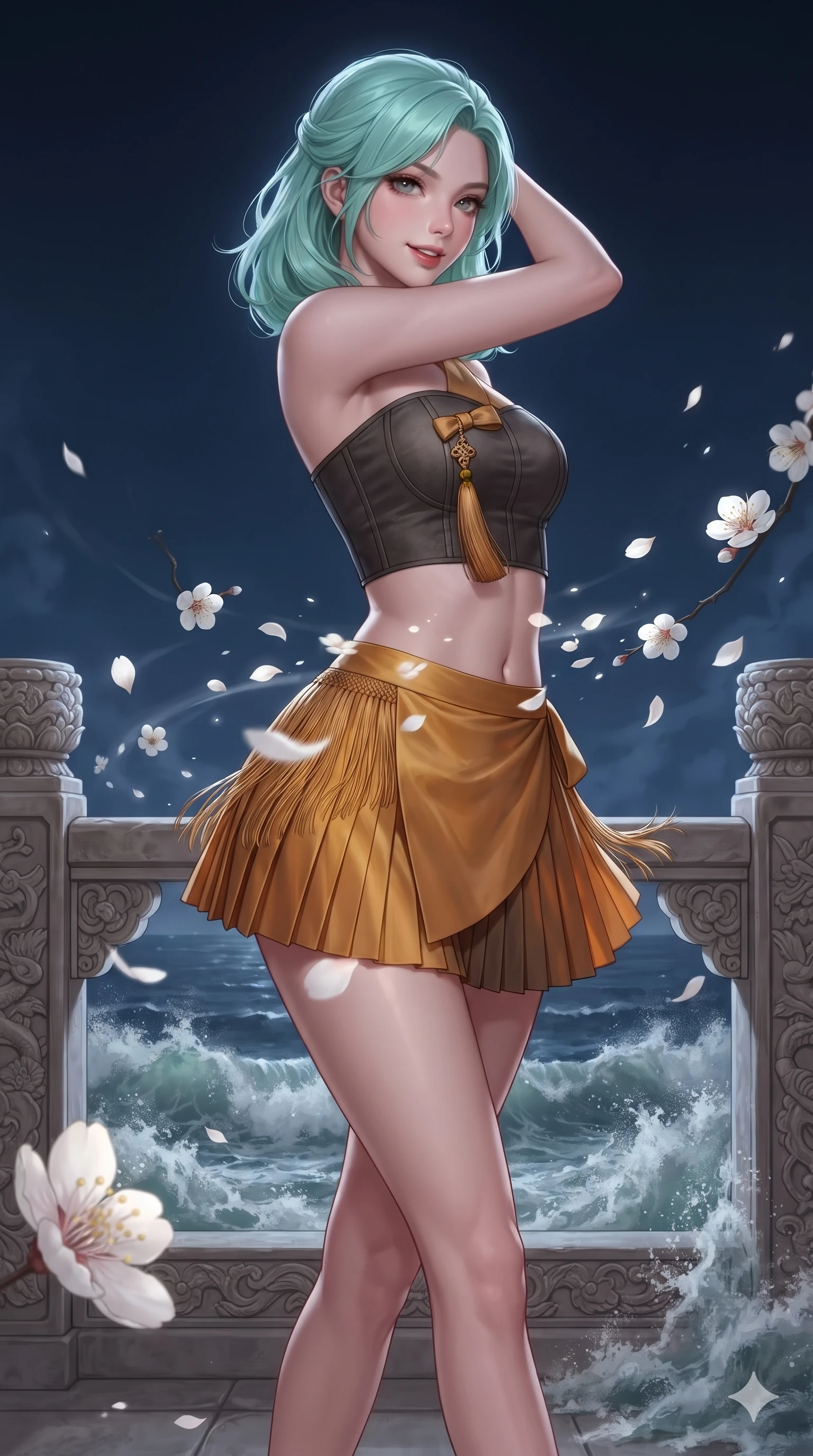 score_9, masterpiece, best quality, ultra-detailed, high-budget anime keyframe, editorial fashion photography, tasteful artistic composition, Japanese woman. close-up cowboy shot from the waist and thighs up, the character dominates the composition, filling the frame with her large presence. twisting her slender torso in a deep contrapposto stance, hips dramatically shifted to accentuate her feminine curves while looking past her shoulder with smoldering bedroom-eyes while twisting her slender torso in an alluring S-curve, moonlight and fragrant white flower petals swirling around her flat midriff and hips. The surrounding environment is rendered in vivid detail and crisp panoramic clarity: sharp carved stone balustrade relief, delicate plum blossom petal veins, and churning sea foam clarity in deep focus. She has an exceptionally elegant, slender, and willowy female figure with an ultra-slim waist, flat toned midriff, narrow ribcage, and sculpted feminine hips creating an alluring, slim hourglass silhouette without bulk. sharp v-shaped jawline, high-bridge nose, sparkling eyes with hypnotic seductive depth, thick curled eyelashes, glossy parted lips with a natural dewy peach sheen, alluring bedroom-eyes with an enchanting coquettish smile, exuding magnetic siren charisma and sophisticated glamour, flawlessly proportioned anatomical accuracy, strict slender model proportions, natural body alignment, perfectly sculpted long slender limbs, ultra-slim waistline, clean dynamic posture without body distortion. wearing a modern boned hanbok bustier top with norigae tassel paired with an ultra-short micro-pleated silk wrap mini skirt in smoked agarwood charcoal and warm honey amber, tailored from heavy double-faced silk faille with an exceptionally fluid drape, finished with delicate silk fringe trim fluttering along her hip line with kinetic charm, the form-fitting cut adhering flawlessly to her sculpted flat midriff and slender torso, emphasizing her long leg lines and perfectly proportioned willowy build. bathed in brilliant 4500K celestial moonlight washing across white plum blossoms and carved stone balustrades. ultra-reflective glossy finish, specular highlights, rich textural contrasts, high-contrast stereoscopic depth, volumetric dynamic lighting, 2k, ultra detail, master piece, 9:16 ratio