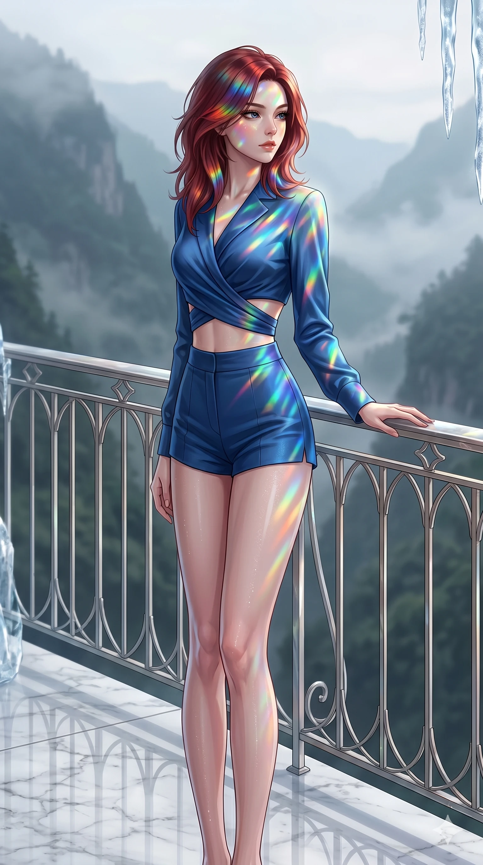 score_9, masterpiece, best quality, ultra-detailed, high-budget anime keyframe, editorial fashion photography, tasteful artistic composition, Korean woman. cowboy shot from the thighs up, character and outfit filling the frame for maximum editorial presence. resting one hand on the metal railing, casting a slow gaze over her shoulder standing on a marble balcony overlooking a misty valley (Code-P17-079). She has an absolutely perfect 8-heads proportion, an exceptionally tall and slender female figure with impossibly long slender legs and an ultra-slim waist. V-shaped jawline, high-bridge nose, intricate jewel-like eyes with depth, thick eyelashes, glossy lips with a natural sheen. wearing a modern wrap top with an exposed midriff and matching micro-shorts. cascading rainbow prismatic light refracting through ice, painting colors on her body. 2k, ultra detail, master piece, 9:16 ratio