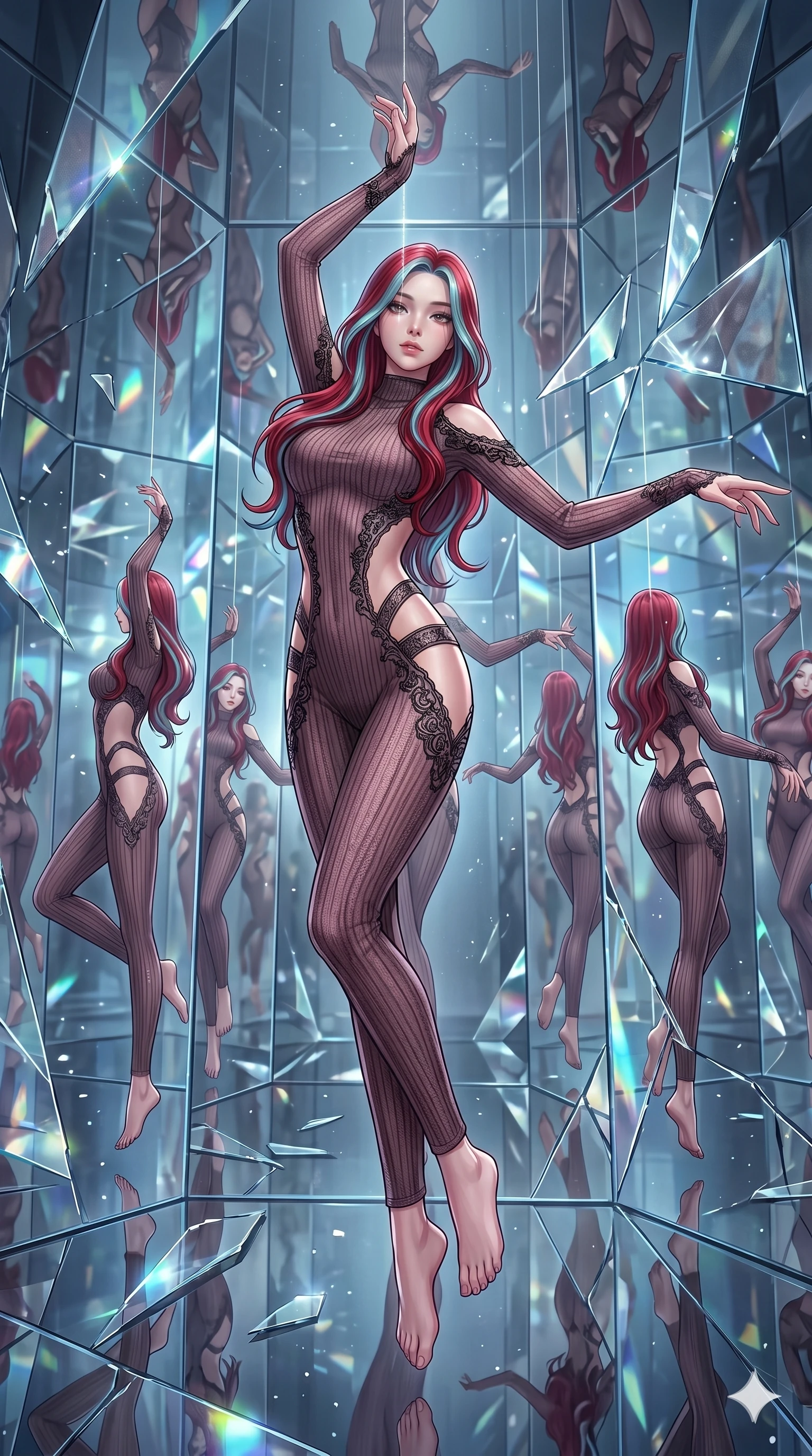 score_9, masterpiece, best quality, ultra-detailed, High-budget Anime Keyframe, East Asian woman. Dynamic full-body shot stretching the vertical silhouette to the limit. Scenario 266: Suspended by invisible silk threads in a hall of mirrors. Her presence is magnetic and overpowering in this high-budget anime scene. Outfit 266: A ribbed bodycon knit mesh with a strategic side cut-outs and delicate lace embroidery. The clothing is designed to emphasize her exceptionally tall and slender 8-heads proportion. 8-heads proportion, towering silhouette, ultra-slim waist. sharp v-shaped jawline, intricate jewel-like eyes with depth, thick eyelashes, glossy lips. 2k, ultra detail, master piece, 9:16 ratio