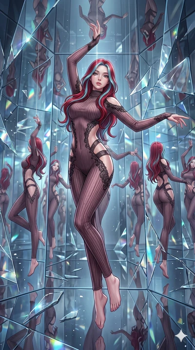 score_9, masterpiece, best quality, ultra-detailed, High-budget Anime Keyframe, East Asian woman. Dynamic full-body shot stretching the vertical silhouette to the limit. Scenario 266: Suspended by invisible silk threads in a hall of mirrors. Her pres