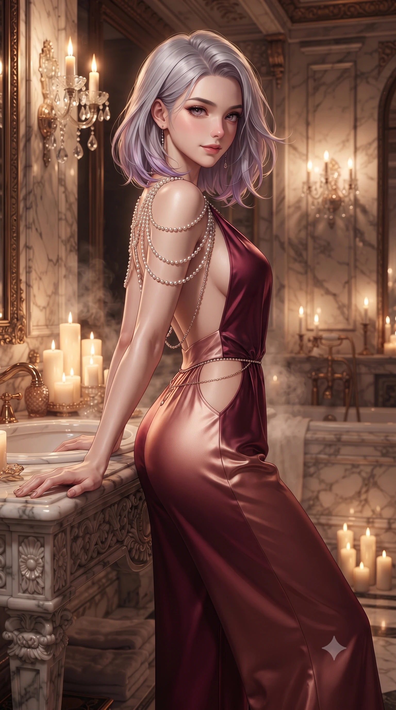 score_9, masterpiece, best quality, ultra-detailed, high-budget anime keyframe, editorial fashion photography, tasteful artistic composition, Caucasian woman. close-up cowboy shot from the waist and thighs up, the character dominates the composition, filling the frame with her large presence. turning slowly with an enchanting smoldering smile, her glossy hair tossing in the breeze as her hips angle gracefully in a captivating contrapposto while leaning back against the carved marble vanity with hips cocked back, looking through fragrant rosewater steam with smoldering bedroom-eyes. The surrounding environment is rendered in vivid detail and crisp panoramic clarity: detailed wet-look silk satin slip cling, delicate waist chain shine, and opulent Parisian bathhouse craftsmanship in high resolution. She has an exceptionally elegant, slender, and willowy female figure with an ultra-slim waist, flat toned midriff, narrow ribcage, and sculpted feminine hips creating an alluring, slim hourglass silhouette without bulk. sharp v-shaped jawline, high-bridge nose, sparkling eyes with hypnotic seductive depth, thick curled eyelashes, glossy parted lips with a natural dewy peach sheen, alluring bedroom-eyes with an enchanting coquettish smile, exuding magnetic siren charisma and sophisticated glamour, flawlessly proportioned anatomical accuracy, strict slender model proportions, natural body alignment, perfectly sculpted long slender limbs, ultra-slim waistline, clean dynamic posture without body distortion. wearing a backless plunge-front silk satin jumpsuit with fluid wide-leg silhouette and side hip cutouts in smoldering crimson wine and deep rose-gold, woven from buttery-soft stretch lambskin leather adhering to her body like a second skin, accented with a pearl-drop body harness subtly framing her dewy collarbones and spine, the form-contouring silhouette accentuating her sculpted flat midriff, narrow delicate ribcage, and gracefully curvy hips with intoxicating allure. bathed in the flickering warmth of dozens of luxury beeswax candles and crystal wall sconces. ultra-reflective glossy finish, specular highlights, rich textural contrasts, high-contrast stereoscopic depth, volumetric dynamic lighting, 2k, ultra detail, master piece, 9:16 ratio