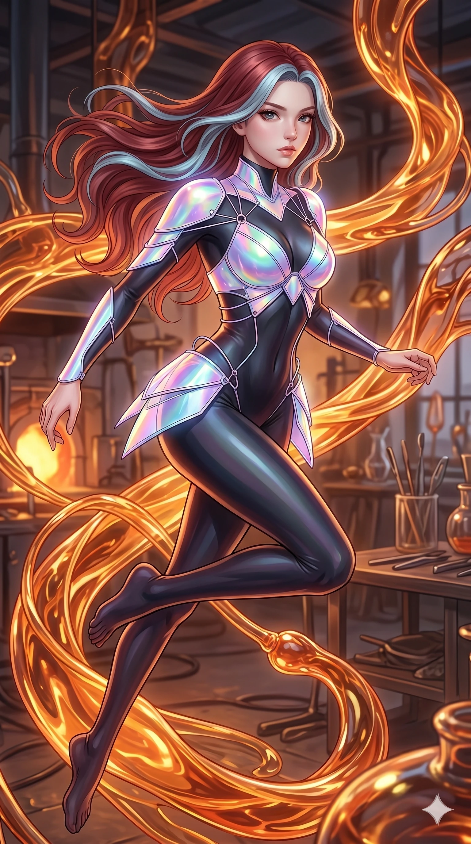 score_9, masterpiece, best quality, ultra-detailed, high-budget anime keyframe, Caucasian woman, strictly human ears. upper body close-up from the thighs up, character filling the screen for maximum presence. bounding through a molten glass art studio where twisting, glowing amber glass tubes rotate like fluid rivers in a heated environment. She has an absolutely perfect 8-heads proportion, an exceptionally tall and slender female figure with impossibly long slender legs and an ultra-slim waist. V-shaped jawline, high-bridge nose, intricate jewel-like eyes with depth, thick eyelashes, glossy lips with a natural sheen.. wearing a holographic ribbon shell armor, featuring thin iridescent plates linked by wire straps over a sleek contouring base. enhanced by a luminous pastel spectrum glow, casting elegant rim lights on her shoulders and jawline. 2k, ultra detail, master piece, 9:16 ratio