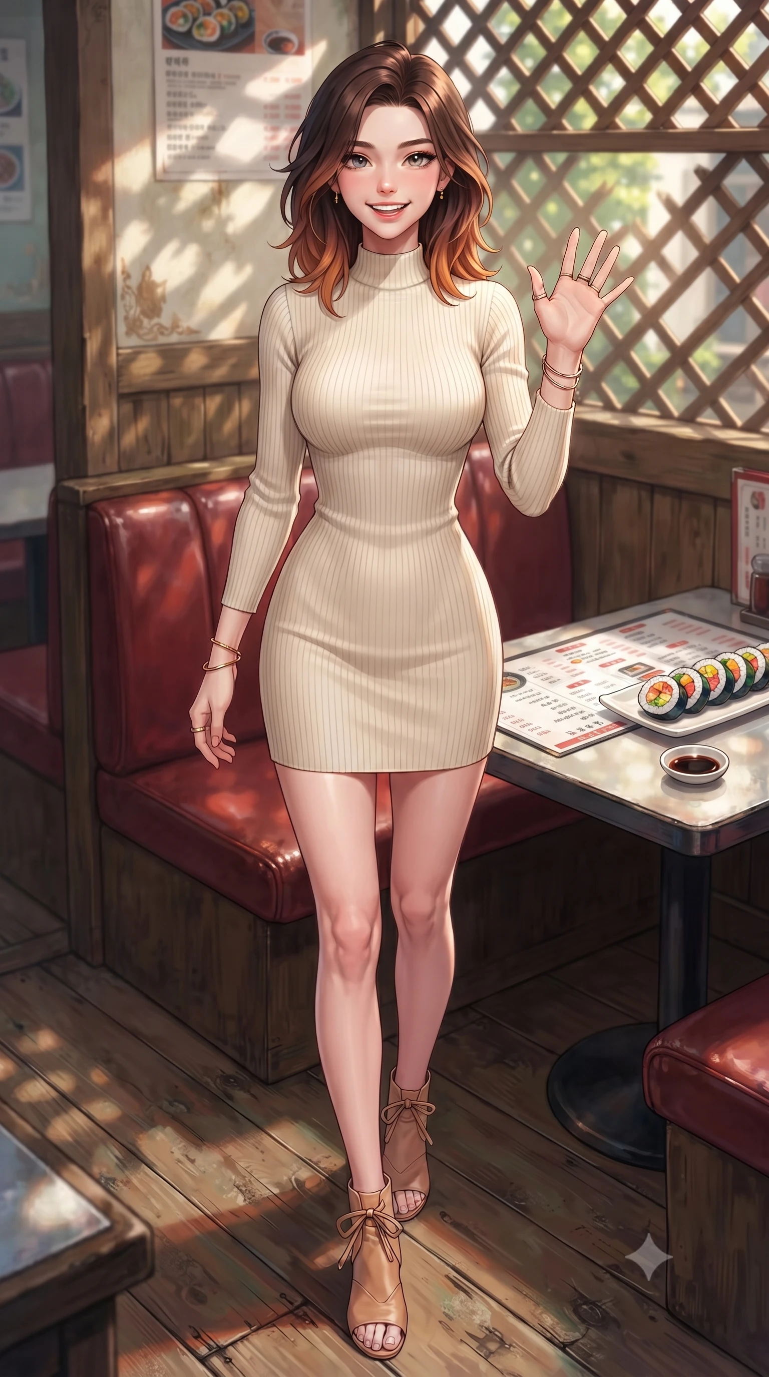 score_9, masterpiece, best quality, ultra-detailed, high-budget anime keyframe, editorial fashion photography, tasteful artistic composition, Korean woman. low angle full-body shot from head to toe showing her feet, filling the entire 9:16 vertical frame with her statuesque presence, stretching her vertical silhouette. stepping forward with a bright, cheerful smile, waving happily at the viewer set against a soft-focus background of in a cozy traditional diner corner with leather booths and vintage menus with a plate of colorful sushi rolls and a small dish of soy sauce on the table. She has an absolutely perfect, statuesque 8.5-heads proportion, an exceptionally tall and slender model-like female figure with impossibly long slender legs and an ultra-slim waist. sharp v-shaped jawline, high-bridge nose, intricate jewel-like eyes with depth, thick eyelashes, glossy lips with a natural sheen. wearing body-hugging form-fitting ribbed knit dress in cream, contouring her slender silhouette. dappled sunlight filtering through the outdoor trellis onto her shoulders. highly saturated vibrant anime colors, detailed shading with soft gradients, rich glossy textures, high-contrast stereoscopic depth, volumetric dynamic lighting, master piece, 9:16 ratio
