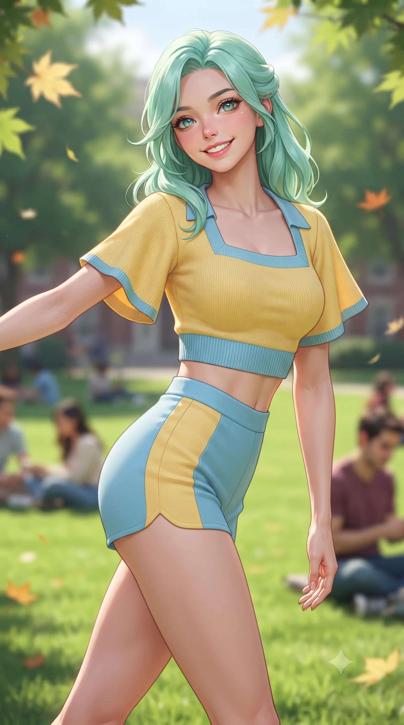 score_9, masterpiece, best quality, ultra-detailed, high-budget anime keyframe, editorial fashion photography, tasteful artistic composition, Japanese woman. close-up cowboy shot from the waist and thighs up, the character dominates the composition, filling the frame with her large presence. tilting her head with a cute beaming smile while arching her spine with effortless dancer poise, one hand sliding along her hip line in a flirtatious S-curve while walking across the vibrant green collegiate lawn, twisting her slender torso in an alluring contrapposto stance with a joyful, beaming expression. The composition keeps background elements in soft focus with dreamy creamy bokeh. students resting on lawns and fluttering maple leaves softened in nostalgic campus shallow focus. She has an exceptionally elegant, slender, and willowy female figure with an ultra-slim waist, flat toned midriff, narrow ribcage, and sculpted feminine hips creating an alluring, slim hourglass silhouette without bulk. sharp v-shaped jawline, high-bridge nose, intricate jewel-like sparkling eyes with depth, thick eyelashes, glossy parted lips with a natural peach sheen, bright cheerful beaming smile with an enchanting and coquettish sensual glint, exuding both youthful cute charm and seductive allure, flawlessly proportioned anatomical accuracy, strict slender model proportions, natural body alignment, perfectly sculpted long slender limbs, ultra-slim waistline, clean dynamic posture without body distortion. wearing a cropped knitted polo sweater paired with high-cut tailored tennis shorts hugging her rounded hips in sunny daffodil yellow and clear sky blue, crafted from liquid-tight stretch jersey emphasizing every curve, featuring elegant flutter sleeves and a graceful square neckline, the glove-like silhouette tightly following the natural contour of her hips and long slender legs with youthful 8.5-heads elegance. illuminated by warm campus grass bounce fill accentuating her sculpted collarbones, ultra-slim waist, and curvy hips. ultra-reflective glossy finish, specular highlights, rich textural contrasts, high-contrast stereoscopic depth, volumetric dynamic lighting, 2k, ultra detail, master piece, 9:16 ratio