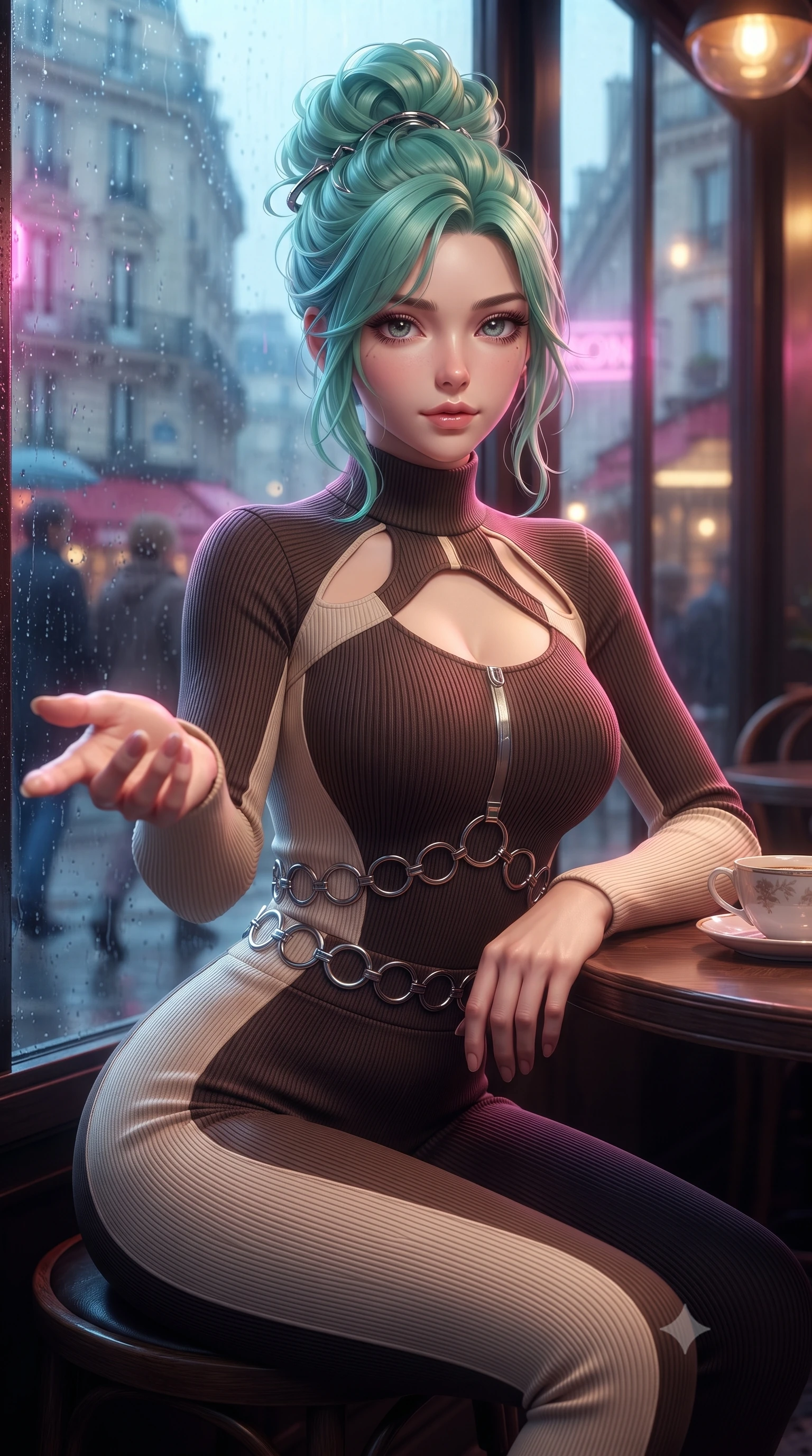 score_9, masterpiece, best quality, ultra-detailed, high-budget anime keyframe, editorial fashion photography, tasteful artistic composition, Japanese woman. close-up cowboy shot from the waist and thighs up, the character dominates the composition, filling the frame with her large presence, background elements kept in soft focus. Reaching one hand gracefully toward the viewer with effortless superiority and allure sitting by the wet glass window of a trendy European café during a gentle rainfall, soft mist scattering vibrant magenta and cyan neon rim light around her form. She has an exceptionally elegant, slender, and willowy female figure with an ultra-slim waist, a gracefully sculpted slender torso, and a refined silhouette. sharp v-shaped jawline, high-bridge nose, intricate jewel-like eyes with depth, thick eyelashes, glossy lips with a natural sheen. wearing a form-fitting ribbed activewear set with collar cutouts in espresso brown and warm cream, crafted from smooth liquid silk, accented with delicate chrome ring hardware framing her waist, the tailored fabric tightly following every curve of her athletic build. illuminated by warm indoor golden amber light and cool rainy blue neon rim light. ultra-reflective glossy finish, specular highlights, metallic sheen, high-contrast stereoscopic depth, volumetric dynamic lighting, 2k, ultra detail, master piece, 9:16 ratio