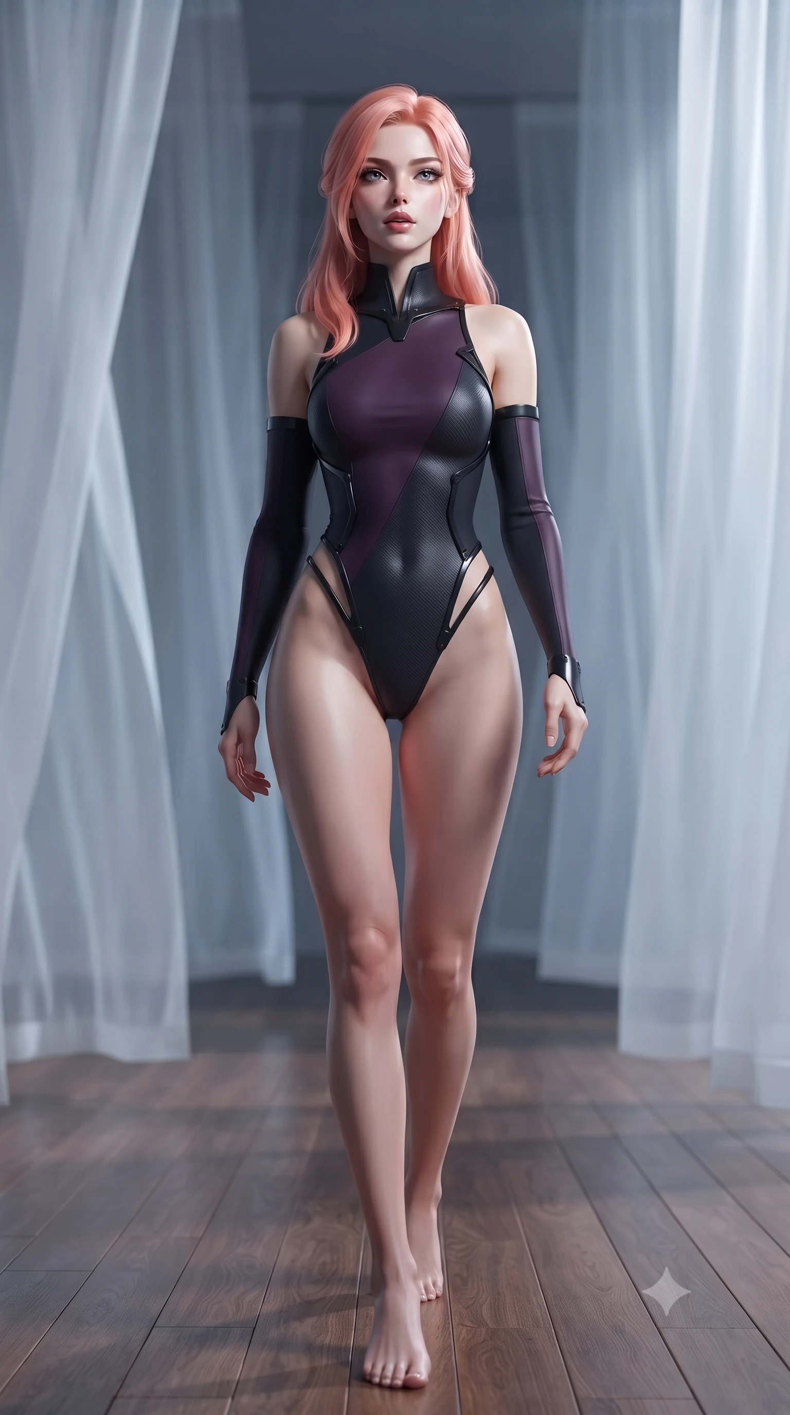 score_9, masterpiece, best quality, ultra-detailed, high-budget anime keyframe, editorial fashion photography, tasteful artistic composition, Japanese woman. close-up cowboy shot from the waist and thighs up, the character dominates the composition, filling the frame with her large presence, background elements kept in soft focus. Tilting her chin up slightly with lips parted in a composed, magnetic expression, walking across a polished teak floor surrounded by floating sheer white curtains, magnetic tranquility with intense visual presence. She has an exceptionally elegant, slender, and willowy female figure with an ultra-slim waist, a gracefully sculpted slender torso, and a refined silhouette. sharp v-shaped jawline, high-bridge nose, intricate jewel-like eyes with depth, thick eyelashes, glossy lips with a natural sheen. wearing asymmetric high-cut cyber-bodysuit with detached sleeves in onyx black in dark plum violet, made of matte carbon-fiber weave, adorned with minimalist black onyx hardware framing the silhouette, accentuating her gracefully sculpted slender torso. illuminated by cold silver moonlight rays and soft interior ocean reflections. highly saturated vibrant anime colors, detailed shading with soft gradients, rich glossy textures, high-contrast stereoscopic depth, volumetric dynamic lighting, master piece, 9:16 ratio