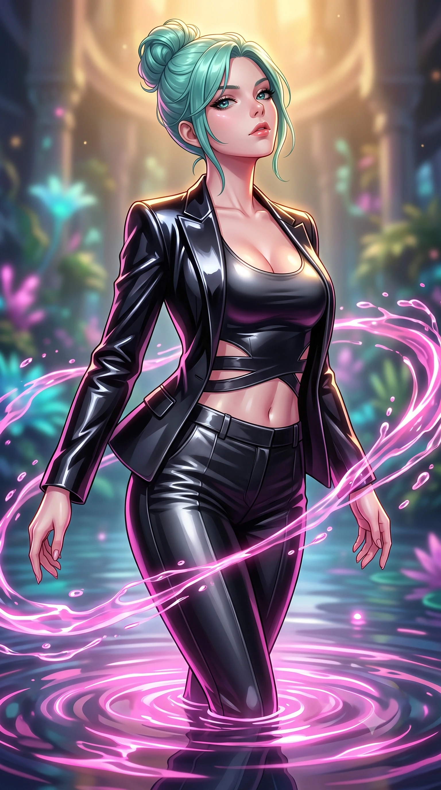 score_9, masterpiece, best quality, ultra-detailed, high-budget anime keyframe, editorial fashion photography, tasteful artistic composition, Japanese woman. close-up cowboy shot from the waist and thighs up, the character dominates the composition, filling the frame with her large presence, background elements kept in soft focus. Tilting her chin up with an air of effortless superiority while balancing dynamically amidst the scene while gliding dynamically over a mirror-like lagoon floor as neon ripples dance across her form, fluorescent water currents swirling smoothly around her slender limbs. She has an exceptionally elegant, slender, and willowy female figure with an ultra-slim waist, a gracefully sculpted slender torso, and a refined silhouette. sharp v-shaped jawline, high-bridge nose, intricate jewel-like eyes with depth, thick eyelashes, glossy lips with a natural sheen, flawlessly proportioned anatomical accuracy, natural body alignment, perfectly sculpted elegant limbs, clean dynamic posture without body distortion. wearing a tailored silk blazer over a form-contouring scoop-neck top and slacks in matte black and polished silver, tailored from high-gloss patent leather, featuring subtle geometric cutouts that highlight her ultra-slim midriff, the tailored fabric tightly following every curve of her athletic build. illuminated by radiant pink bioluminescence and warm golden top lighting. highly saturated vibrant anime colors, detailed shading with soft gradients, rich glossy textures, high-contrast stereoscopic depth, volumetric dynamic lighting, master piece, 9:16 ratio
