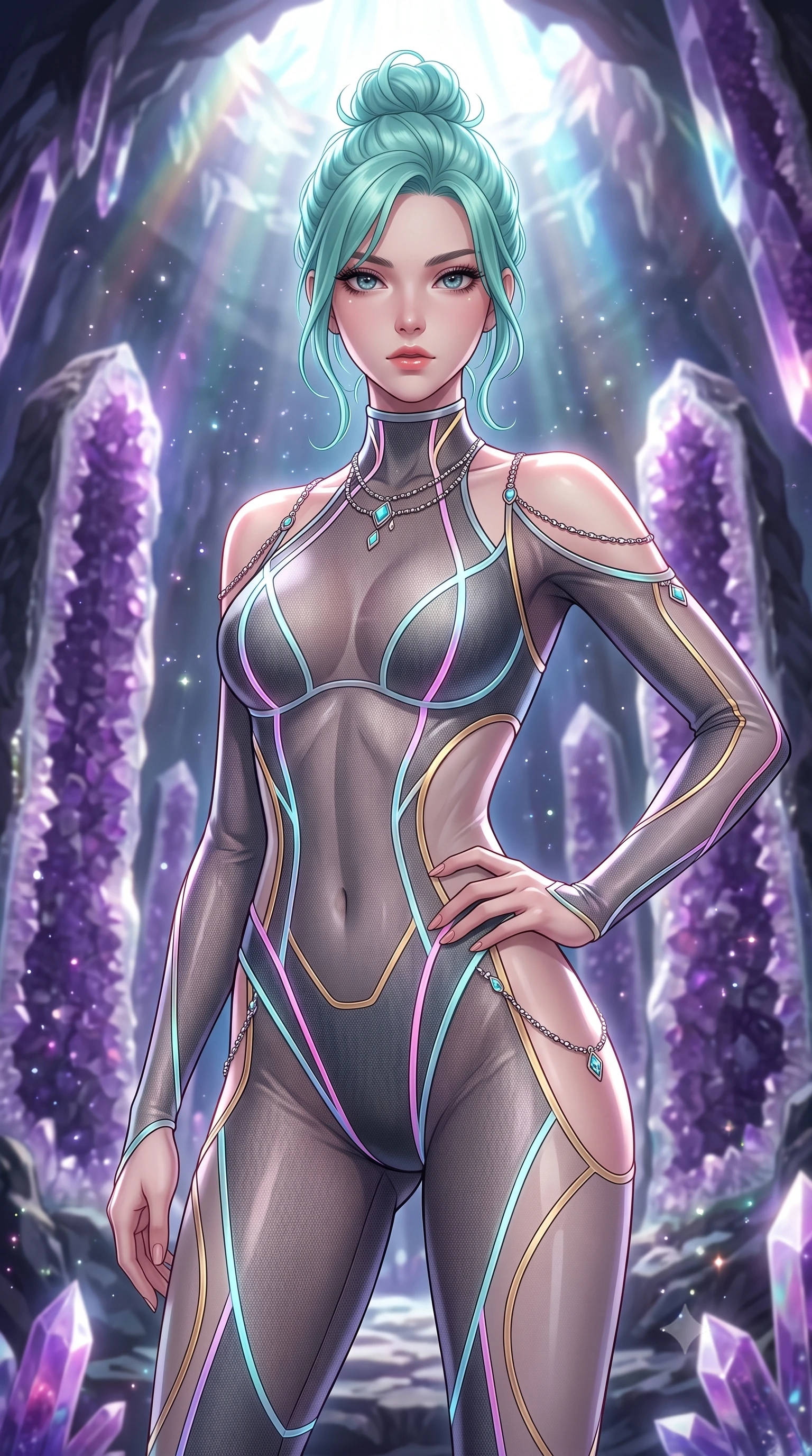 score_9, masterpiece, best quality, ultra-detailed, high-budget anime keyframe, editorial fashion photography, tasteful artistic composition, Japanese woman. close-up cowboy shot from the waist and thighs up, the character dominates the composition, filling the frame with her large presence, background elements kept in soft focus. Holding a confident power pose with one hand on her hip, gazing directly into the camera with quiet intensity standing inside a breathtaking cavern lined with massive amethyst geode pillars, glowing mineral dust shimmering like stars in the quiet cavern air. She has an exceptionally elegant, slender, and willowy female figure with an ultra-slim waist, a gracefully sculpted slender torso, and a refined silhouette. sharp v-shaped jawline, high-bridge nose, intricate jewel-like eyes with depth, thick eyelashes, glossy lips with a natural sheen. wearing a skin-tight cybernetic bodysuit with glowing neon seams and side cutouts in charcoal grey and platinum, woven from fine semi-opaque sheer organza, adorned with delicate metallic chain straps along the neckline, the form-contouring material highlighting her ultra-slim waist and long lines. bathed in brilliant prismatic light filtering from a natural cavern skylight. highly saturated vibrant anime colors, detailed shading with soft gradients, rich glossy textures, high-contrast stereoscopic depth, volumetric dynamic lighting, master piece, 9:16 ratio