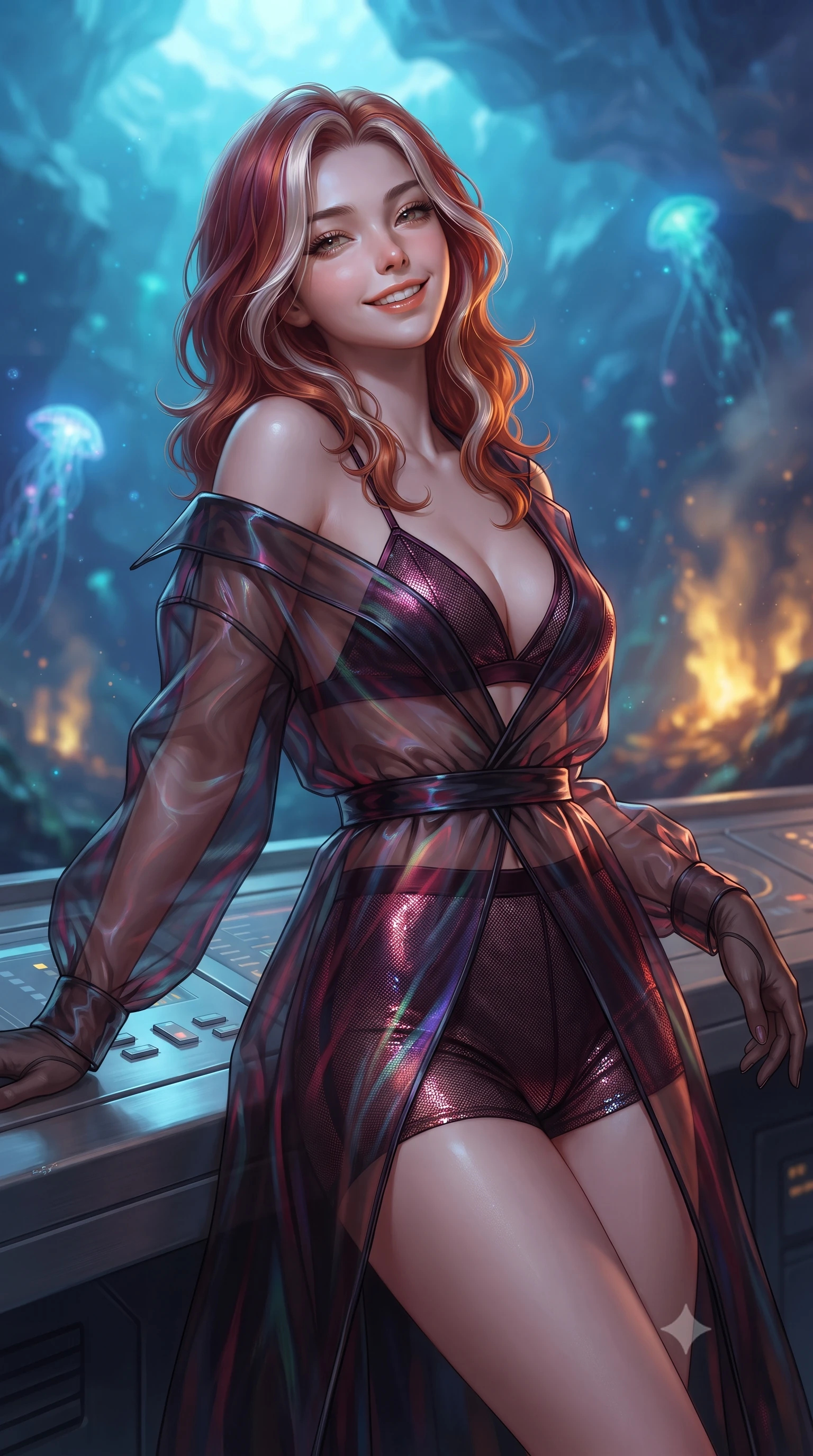 score_9, masterpiece, best quality, ultra-detailed, high-budget anime keyframe, editorial fashion photography, tasteful artistic composition, Caucasian woman. close-up cowboy shot from the waist and thighs up, the character dominates the composition, filling the frame with her large presence. leaning back against the balustrade with relaxed seductive grace, head tilted back slightly while casting a hypnotic, heavy-lidded gaze while leaning against the titanium sonar console with hips cocked back, looking into the alien abyssal trench illuminated by hydrothermal mineral fires with smoldering bedroom-eyes. The background shows a soft-focus drifting alien bioluminescent siphonophores, golden hydrothermal heat plumes, and 20 kilometers of dense overhead ice crust blurred into sapphire, cyan, and topaz bokeh. She has an exceptionally elegant, slender, and willowy female figure with an ultra-slim waist, flat toned midriff, narrow ribcage, and sculpted feminine hips creating an alluring, slim hourglass silhouette without bulk. sharp v-shaped jawline, high-bridge nose, intricate jewel-like sparkling eyes with depth, thick eyelashes, glossy parted lips with a natural peach sheen, bright cheerful beaming smile with an enchanting and coquettish sensual glint, exuding both youthful cute charm and seductive allure, flawlessly proportioned anatomical accuracy, strict slender model proportions, natural body alignment, perfectly sculpted long slender limbs, ultra-slim waistline, clean dynamic posture without body distortion. wearing a translucent iridescent organza tactical robe slipping off bare shoulders over a matching satin micro-bralette and combat shorts in Star-Fortress obsidian black and imperial crimson, crafted from stretch micro-mesh with liquid foil coating that shimmers with every movement, complemented by sheer opera-length evening gloves tracing her slender arms, the high-slit wrap tailoring accentuating her ultra-slim waistline and the enchanting curve of her feminine hips with alluring seductive charm. bathed in deep ocean blue-violet ambient light mixed with warm 2200K golden geothermal vent radiance. ultra-reflective glossy finish, specular highlights, rich textural contrasts, high-contrast stereoscopic depth, volumetric dynamic lighting, 2k, ultra detail, master piece, 9:16 ratio