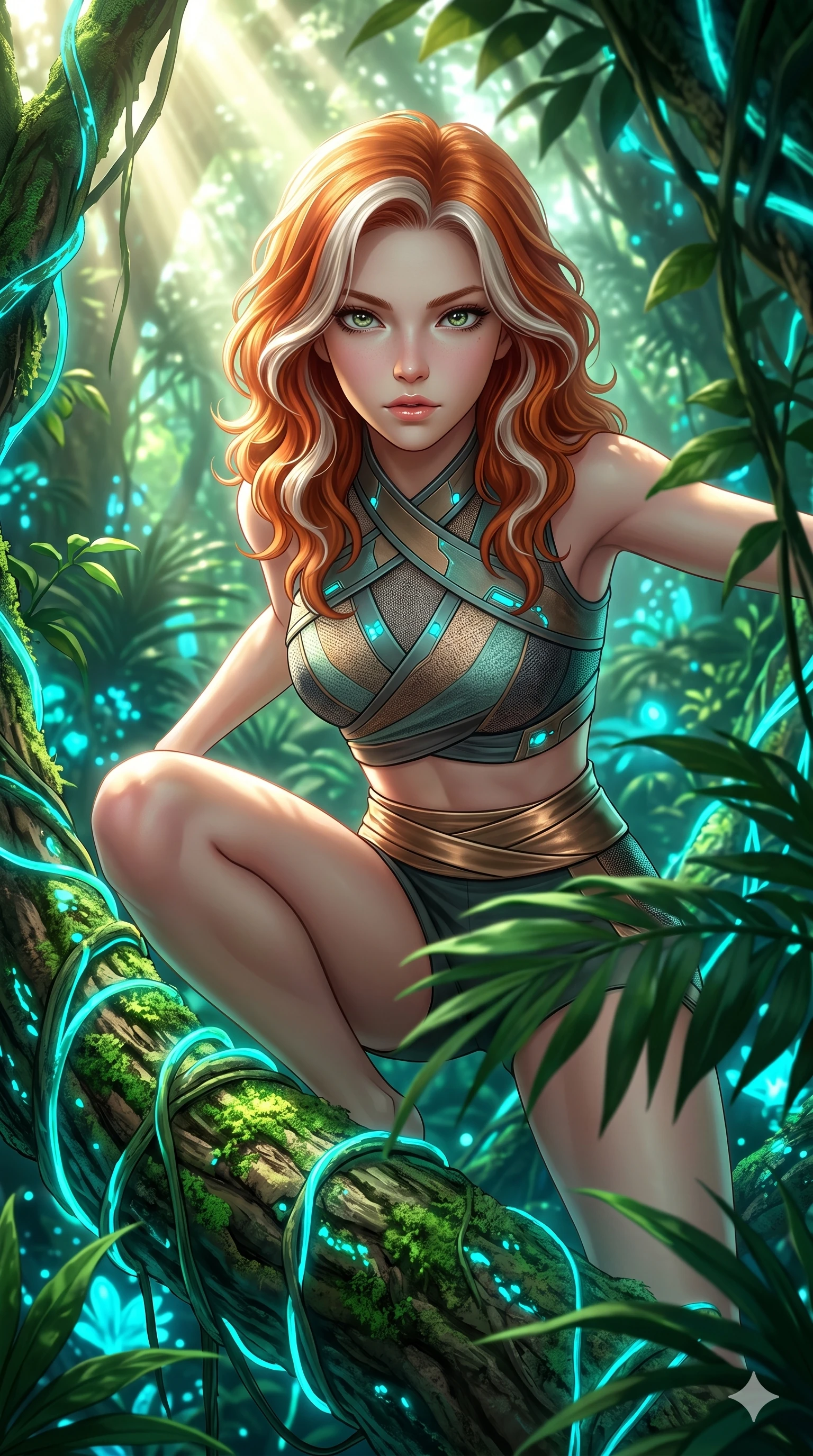 score_9, masterpiece, best quality, ultra-detailed, high-budget anime keyframe, semi-realistic 3D game render, Caucasian woman, strictly human ears. Upper body close-up from the thighs up, character filling the screen for maximum presence. She is crouching dynamically on a massive bioluminescent jungle root, wrapped in glowing vines. She leans close to the camera, looking through the foliage with a piercing, animalistic gaze. She has an absolutely perfect 8-heads proportion, a tall and elegant figure with a refined silhouette and a defined waistline. V-shaped jawline, high-bridge nose, intricate jewel-like eyes with depth, thick eyelashes, glossy lips with a natural sheen. She is wearing a cropped cyber-fusion wrap top with delicate textured panels, a geometric crossover collar, and a high-waisted metallic sash highlighting her defined waistline. The scene is bathed in bright sunbeams filtering through a dense canopy and glowing cyan ambient forest light. 2k, ultra detail, master piece, 9:16 ratio