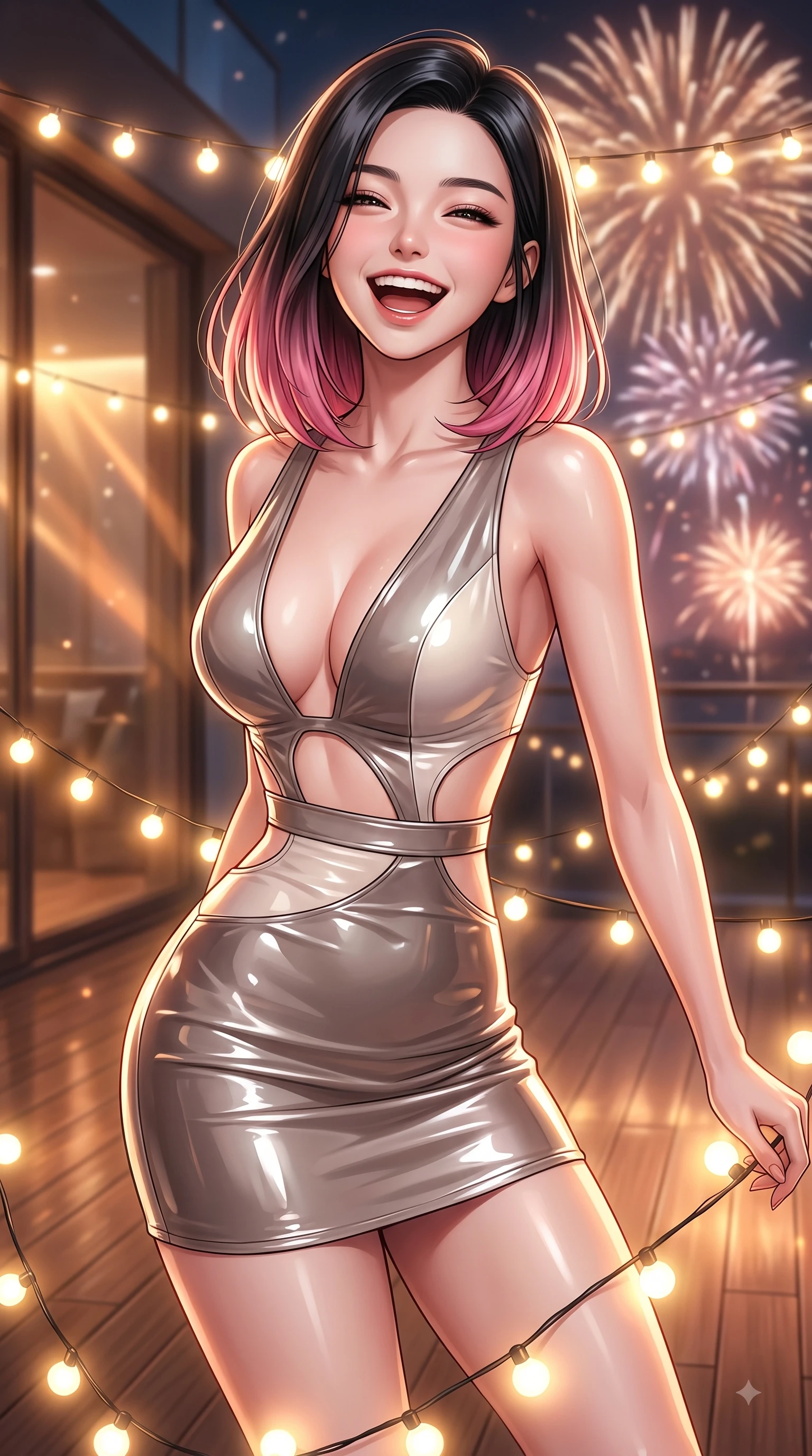 score_9, masterpiece, best quality, ultra-detailed, high-budget anime keyframe, editorial fashion photography, tasteful artistic composition, Korean woman. close-up cowboy shot from the waist and thighs up, the character dominates the composition, filling the frame with her large presence, background elements kept in soft focus. Joyful laughing expression filled with genuine happiness and warmth, leaning forward with cheerful energy while pivoting dynamically amidst string fairy lights with a laughing, delighted expression, sleek glass and wood terrace textures reflecting warm party light beams. She has an exceptionally elegant, slender, and willowy female figure with an ultra-slim waist, a gracefully sculpted slender torso, and a refined silhouette. sharp v-shaped jawline, high-bridge nose, intricate jewel-like eyes with depth, thick eyelashes, glossy lips with a natural sheen, flawlessly proportioned anatomical accuracy, natural body alignment, perfectly sculpted elegant limbs, clean dynamic posture without body distortion. wearing a liquid mercury gloss mini dress with ultra-deep V-neck and waist cutouts in muted taupe and soft ivory, tailored from high-gloss patent leather, featuring clean architectural cutouts along her slender torso, the sleek second-skin texture accentuating her magnetic presence. bathed in festive firework explosions and warm amber fairy light radiance. ultra-reflective glossy finish, specular highlights, metallic sheen, high-contrast stereoscopic depth, volumetric dynamic lighting, 2k, ultra detail, master piece, 9:16 ratio