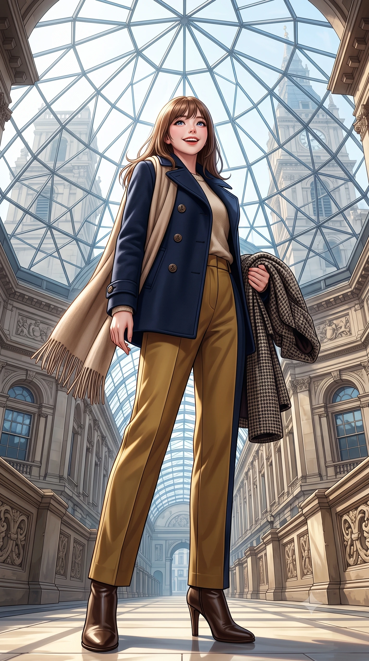 score_9, masterpiece, best quality, ultra-detailed, high-budget anime keyframe, semi-realistic 3D game render, editorial fashion photography, tasteful artistic composition, Korean woman. low angle full-body shot from head to toe showing her feet, filling the entire 9:16 vertical frame with her statuesque presence, stretching her vertical silhouette. pausing along the promenade and turning back toward the camera with an infectious, delightful smile and perfect posture while standing poised beneath the monumental geodesic glass roof canopy, gazing upward with an inspired, breathtaking smile. The surrounding environment is rendered in vivid detail and crisp panoramic clarity: detailed houndstooth tweed jacket weave, gold embossed coin buttons, and monumental British architecture in high resolution. She has an exceptionally tall and slender model-like 8.5-heads proportion, an ultra-slim waist, a flat toned midriff, narrow delicate ribcage, and beautifully sculpted feminine hips creating a graceful, slim hourglass silhouette without any bulky heaviness, with impossibly long slender legs. sharp v-shaped jawline, high-bridge nose, intricate jewel-like sparkling eyes with depth, thick eyelashes, glossy parted lips with a natural peach sheen, bright cheerful beaming smile with an enchanting and coquettish sensual glint, exuding both youthful cute charm and seductive allure, flawlessly proportioned anatomical accuracy, strict slender model proportions, natural body alignment, perfectly sculpted long slender limbs, ultra-slim waistline, clean dynamic posture without body distortion. wearing a navy tailored wool peacoat with anchor buttons layered over a soft merino wool sweater and pressed pleated slacks in Ginza vintage brass gold and midnight navy, tailored from heavyweight double-faced wool with clean architectural edges, accented with a wide brushed cashmere fringe scarf draped elegantly over one shoulder, the streamlined silhouette following her natural slender proportions with sophisticated poise, enhancing her tall willowy presence. bathed in voluminous pure white zenithal daylight filtering through the vast geometric glass skylight canopy. highly saturated vibrant anime colors, detailed shading with soft gradients, rich glossy textures, high-contrast stereoscopic depth, volumetric dynamic lighting, master piece, 9:16 ratio