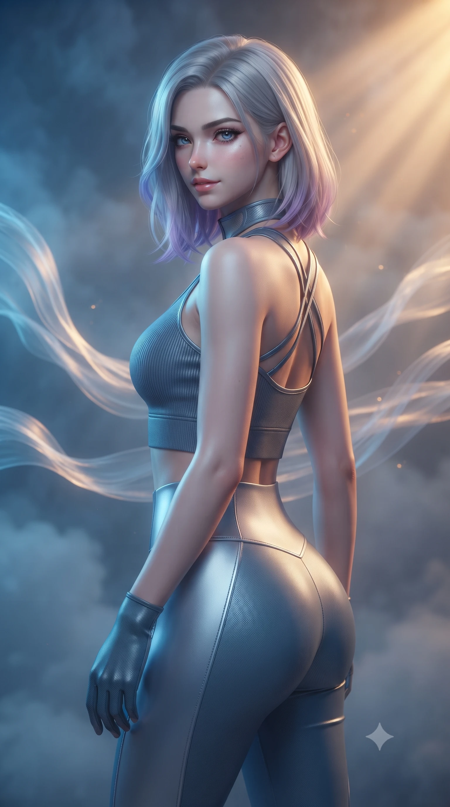 score_9, masterpiece, best quality, ultra-detailed, high-budget anime keyframe, editorial fashion photography, tasteful artistic composition, Caucasian woman. close-up cowboy shot from the waist and thighs up, the character dominates the composition, filling the frame with her large presence, background elements kept in soft focus. Glancing sidelong over her shoulder with a smoldering half-smile and heavy lashes walking through a misty cloud room catching dramatic golden sunset rays, fine cloud threads weaving together into fluid ribbons in mid-air. She has an exceptionally elegant, slender, and willowy female figure with an ultra-slim waist, a gracefully sculpted slender torso, and a refined silhouette. sharp v-shaped jawline, high-bridge nose, intricate jewel-like eyes with depth, thick eyelashes, glossy lips with a natural sheen. wearing a form-fitting ribbed activewear set with collar cutouts in slate blue and metallic silver, made of fine carbon-fiber weave and soft matte leather, complemented by criss-cross back straps highlighting her bare shoulders, the glove-like fit emphasizing her statuesque silhouette. bathed in a dual-tone palette of electric blue and warm amber sky rays. ultra-reflective glossy finish, specular highlights, metallic sheen, high-contrast stereoscopic depth, volumetric dynamic lighting, 2k, ultra detail, master piece, 9:16 ratio