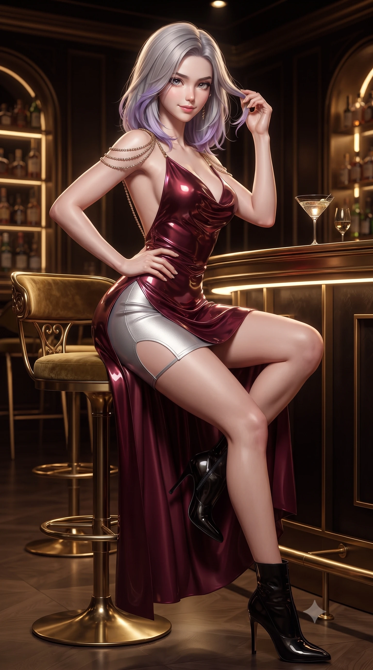 score_9, masterpiece, best quality, ultra-detailed, high-budget anime keyframe, editorial fashion photography, tasteful artistic composition, Caucasian woman. close-up cowboy shot from the waist and thighs up, the character dominates the composition, filling the frame with her large presence. twisting her slender torso in an alluring contrapposto stance, one hand resting on her sculpted hip while her fingers toy with her hair with effortless poise while sitting poised on the high brass barstool with legs crossed, arching her lower back to highlight her curvy hips as she toys with her cocktail. The surrounding environment is rendered in vivid detail and crisp panoramic clarity: detailed liquid silver jersey bodycon dress cling, side cutout edges, and master interior architecture in razor-sharp precision. She has an exceptionally elegant, slender, and willowy female figure with an ultra-slim waist, flat toned midriff, narrow ribcage, and sculpted feminine hips creating an alluring, slim hourglass silhouette without bulk. sharp v-shaped jawline, high-bridge nose, intricate jewel-like sparkling eyes with depth, thick eyelashes, glossy parted lips with a natural peach sheen, bright cheerful beaming smile with an enchanting and coquettish sensual glint, exuding both youthful cute charm and seductive allure, flawlessly proportioned anatomical accuracy, strict slender model proportions, natural body alignment, perfectly sculpted long slender limbs, ultra-slim waistline, clean dynamic posture without body distortion. wearing a plunging cowl-neck liquid satin resort gown with dramatic hip-high side slits and crystal shoulder cords in Italian baroque bordeaux wine and antique gilded gold, crafted from wet-look high-gloss vinyl fabric with dazzling specular surface reflections, complemented by sleek patent leather stiletto ankle boots accentuating her long slender calves, the precision-cut side openings and low-back scoop framing her graceful spine and the sensual sweep of her slim, toned hips. illuminated by low-key ambient bar downlights and crisp honey-gold rim lights defining her jawline, flat midriff, and slender waist. ultra-reflective glossy finish, specular highlights, rich textural contrasts, high-contrast stereoscopic depth, volumetric dynamic lighting, 2k, ultra detail, master piece, 9:16 ratio