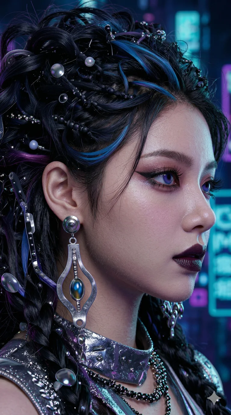 이 캐릭터의 독특한 헤어 컬러를 유지하며, 초고화질 실사 사진(Super Realistic 8K) 스타일로 변환해줘. 미모가 돋보이도록 세밀한 피부 질감과 네온 조명을 강조해줘, 2k, ultra detail, master piece, 9:16 ratio