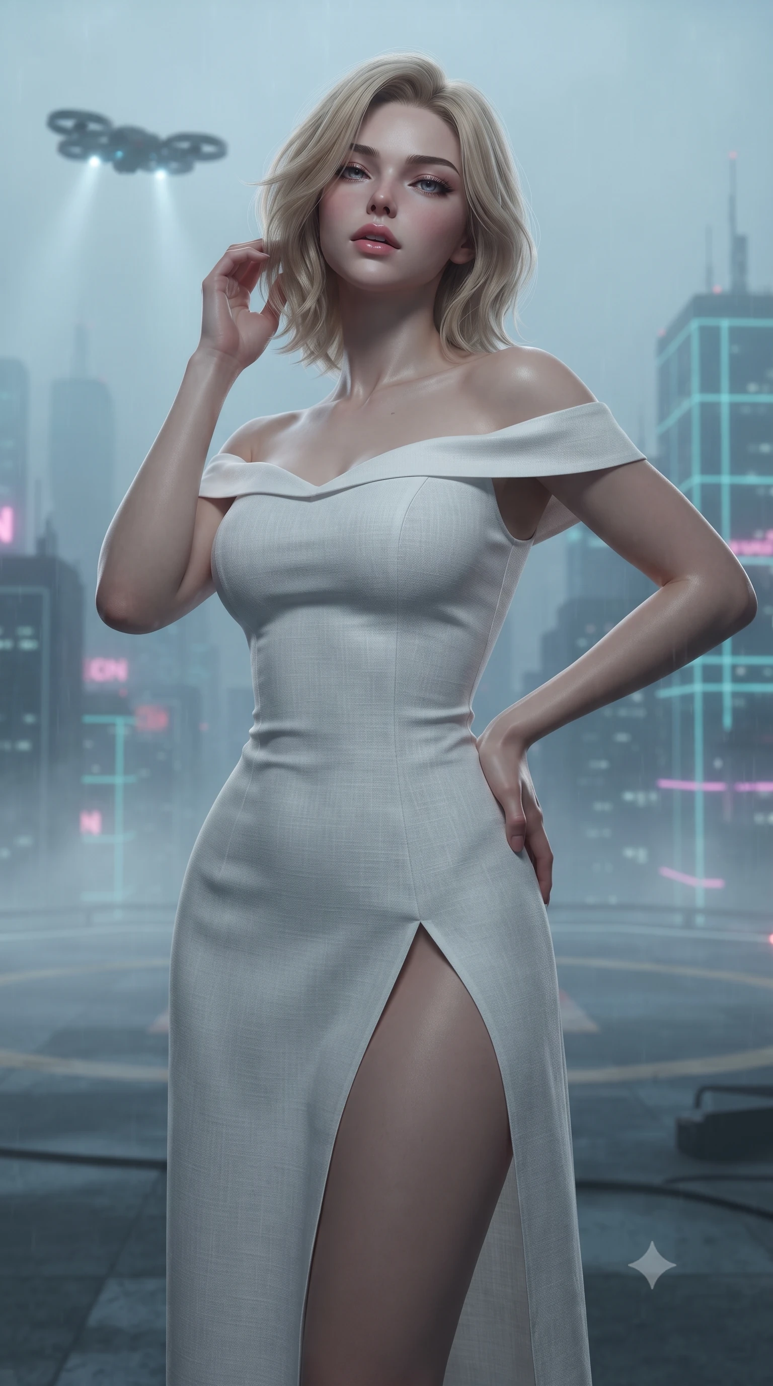 score_9, masterpiece, best quality, ultra-detailed, high-budget anime keyframe, editorial fashion photography, tasteful artistic composition, Caucasian woman. close-up cowboy shot from the waist and thighs up, the character dominates the composition, filling the frame with her large presence, background elements kept in soft focus. tilting her chin up slightly with lips parted in a composed, provocative expression the background shows a soft-focus a misty rooftop helipad overlooking a neon-grid skyline during a midnight drizzle. She has an exceptionally elegant, slender, and willowy female figure with an ultra-slim waist, a gracefully sculpted slender torso, and a refined silhouette. sharp v-shaped jawline, high-bridge nose, intricate jewel-like eyes with depth, thick eyelashes, glossy lips with a natural sheen. wearing a tailored off-shoulder white linen summer dress featuring a high side slit ascending to mid-thigh. volumetric spotlight from a hovering search drone casting dramatic shadows. ultra-reflective glossy finish, specular highlights, metallic sheen, high-contrast stereoscopic depth, volumetric dynamic lighting, 2k, ultra detail, master piece, 9:16 ratio