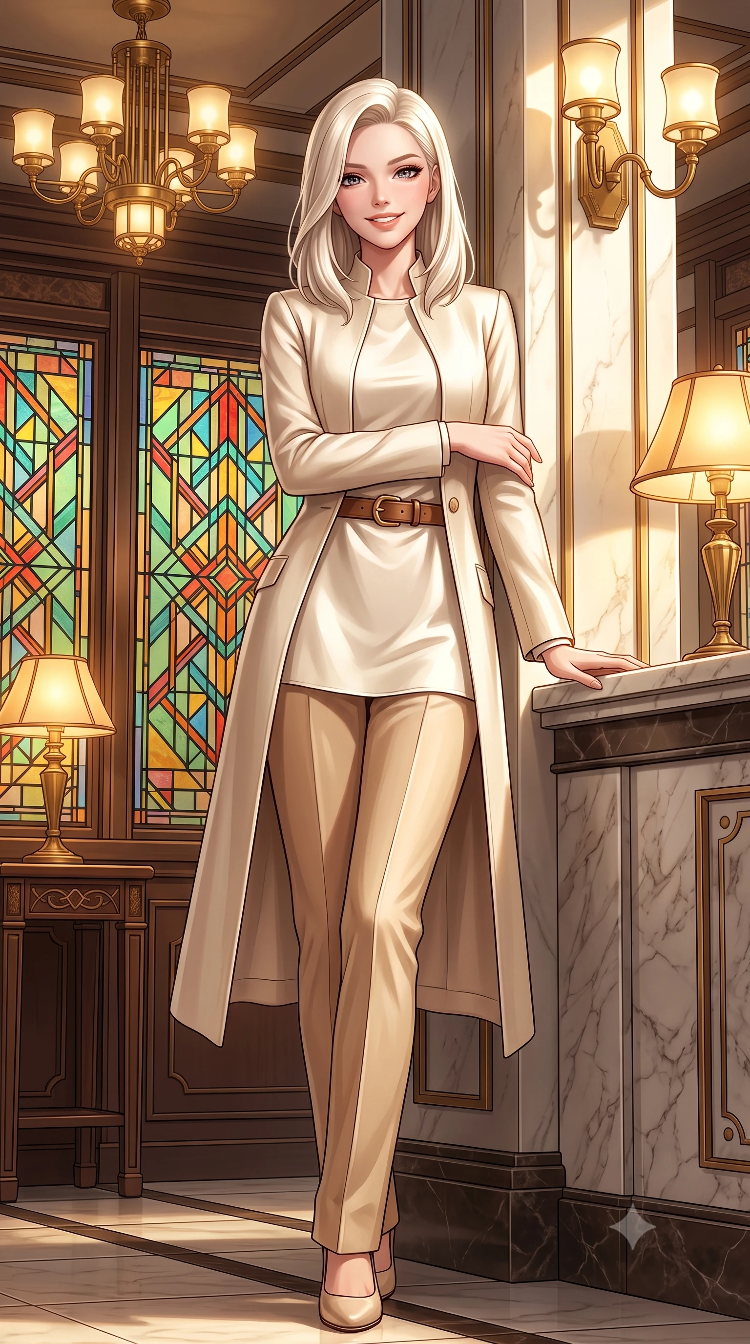 score_9, masterpiece, best quality, ultra-detailed, high-budget anime keyframe, semi-realistic 3D game render, editorial fashion photography, tasteful artistic composition, Caucasian woman. low angle full-body shot from head to toe showing her feet, filling the entire 9:16 vertical frame with her statuesque presence, stretching her vertical silhouette. leaning lightly against the sunlit architectural column with arms crossed loosely, flashing a warm, confident smile while standing beside the geometric stained-glass partition, one hand resting on the marble counter with chic modern-retro poise. The surrounding environment is rendered in vivid detail and crisp panoramic clarity: detailed embroidered wool blazer lapels, tailored cigarette trousers, and Taisho-modernist architectural craftsmanship in razor-sharp precision. She has an exceptionally tall and slender model-like 8.5-heads proportion, an ultra-slim waist, a flat toned midriff, narrow delicate ribcage, and beautifully sculpted feminine hips creating a graceful, slim hourglass silhouette without any bulky heaviness, with impossibly long slender legs. sharp v-shaped jawline, high-bridge nose, intricate jewel-like sparkling eyes with depth, thick eyelashes, glossy parted lips with a natural peach sheen, bright cheerful beaming smile with an enchanting and coquettish sensual glint, exuding both youthful cute charm and seductive allure, flawlessly proportioned anatomical accuracy, strict slender model proportions, natural body alignment, perfectly sculpted long slender limbs, ultra-slim waistline, clean dynamic posture without body distortion. wearing a stand-collar tailored linen-silk coat layered over a minimalist silk tunic and straight-leg pressed trousers in soft champagne ivory and warm biscuit beige, crafted from fluid mulberry silk twill with an understated lustrous pearl finish, finished with a smooth equestrian bridle-leather belt with a polished brass horseshoe buckle, the streamlined silhouette following her natural slender proportions with sophisticated poise, enhancing her tall willowy presence. bathed in warm 2900K incandescent amber illumination from authentic Art Deco brass chandeliers and table lamps. highly saturated vibrant anime colors, detailed shading with soft gradients, rich glossy textures, high-contrast stereoscopic depth, volumetric dynamic lighting, master piece, 9:16 ratio