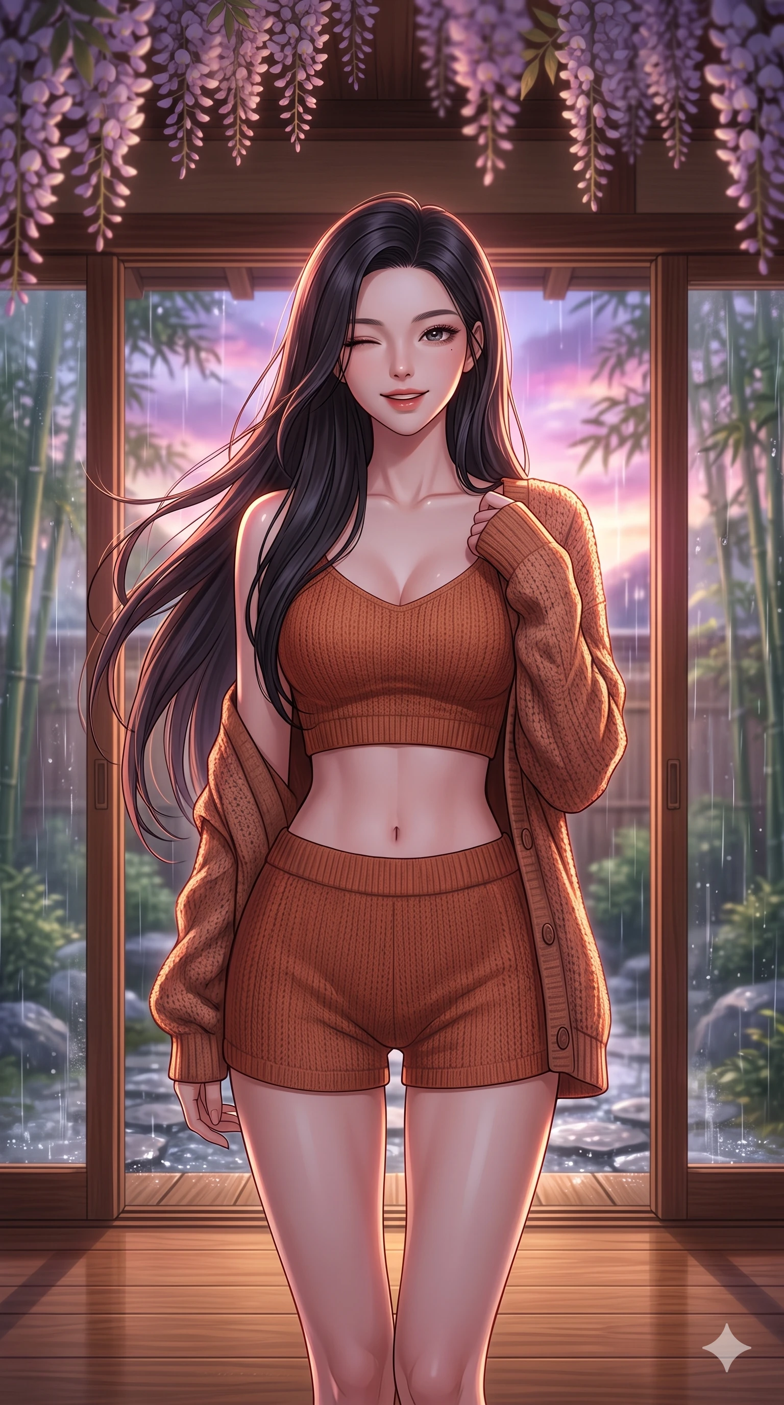 score_9, masterpiece, best quality, ultra-detailed, high-budget anime keyframe, vibrant anime aesthetic, Korean woman. close-up cowboy shot from the waist and thighs up, the character dominates the composition, filling the frame with her large presence, background elements kept in soft focus. She is standing under wisteria vines, winking with a cheerful and lively face, looking directly into the lens with a soft breath of wind in her hair. inside a warm, wood-paneled tea house veranda with large sliding glass doors facing a rain-swept bamboo garden (Code-P22-071). She has an absolutely perfect proportion, an exceptionally elegant and slender female figure with an ultra-slim waist. V-shaped jawline, high-bridge nose, intricate jewel-like eyes with depth, thick eyelashes, glossy lips with a natural sheen. wearing a cropped knit top paired with matching knit shorts in warm terracotta. She is lit by vibrant twilight sky reflections, tracing her shoulders and neckline, outlining her elegant silhouette along the cobblestone alley. 2k, ultra detail, master piece, 9:16 ratio