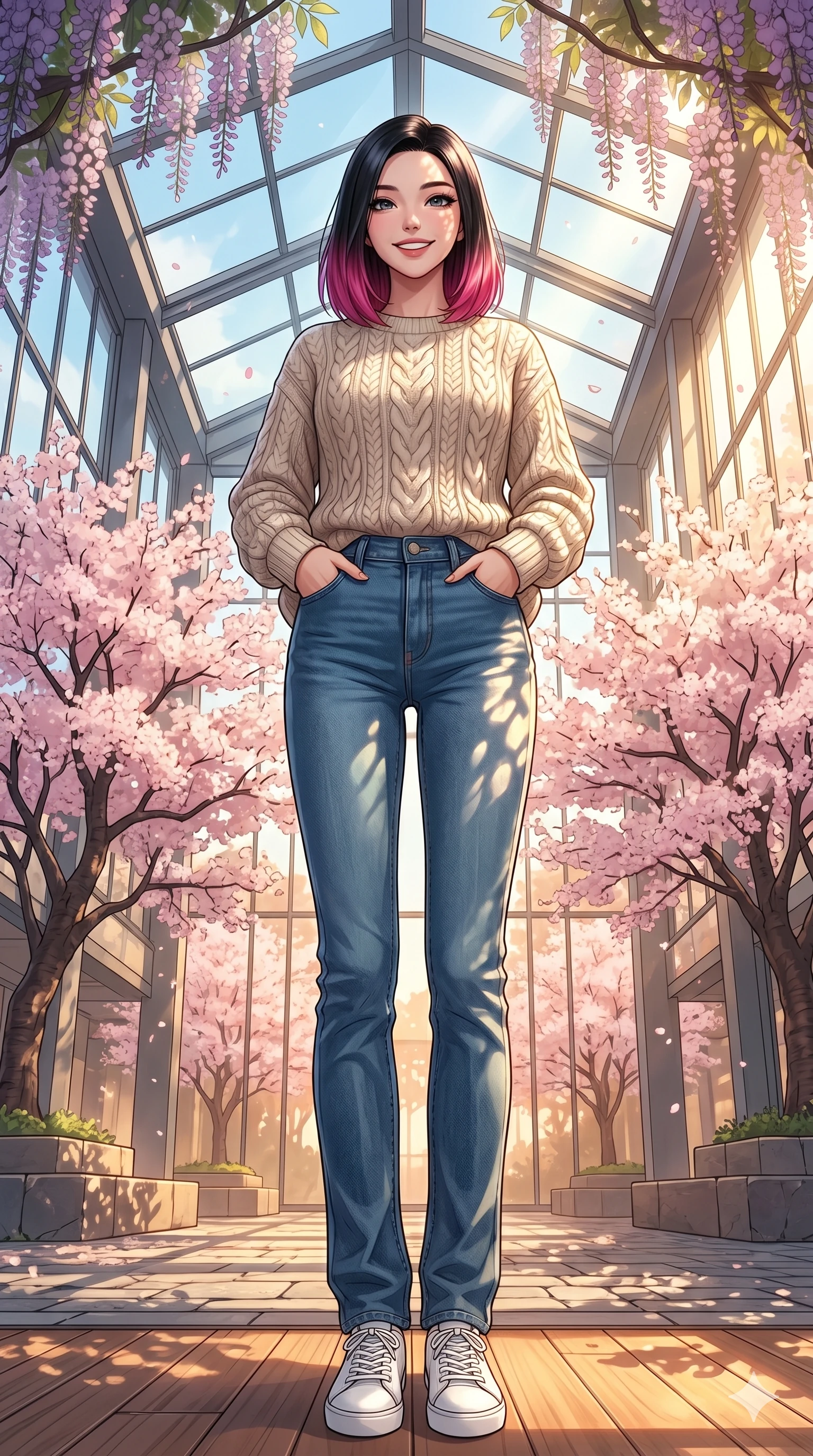 score_9, masterpiece, best quality, ultra-detailed, high-budget anime keyframe, vibrant anime aesthetic, Korean woman. low angle full-body shot from head to toe showing her feet, filling the entire 9:16 vertical frame with her statuesque presence, stretching her vertical silhouette. She is standing with a confident posture, her face lit up by a warm and lively smile inside a spacious glass atrium filled with blossoming cherry trees and warm sunshine (Code-P20-005). She has an absolutely perfect 8-heads proportion, an exceptionally tall and slender female figure with impossibly long slender legs and an ultra-slim waist. V-shaped jawline, high-bridge nose, intricate jewel-like eyes with depth, thick eyelashes, glossy lips with a natural sheen. wearing a cozy oversized cable-knit sweater paired with straight-leg denim jeans. She is bathed in dappled sunlight filtering through wisteria leaves, creating organic shadows. 2k, ultra detail, master piece, 9:16 ratio
