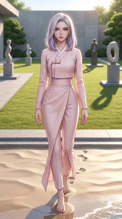score_9, masterpiece, best quality, ultra-detailed, high-budget anime keyframe, editorial fashion photography, tasteful artistic composition, Caucasian woman woman. low angle full-body shot from head to toe showing her feet, filling the entire 9:16 v