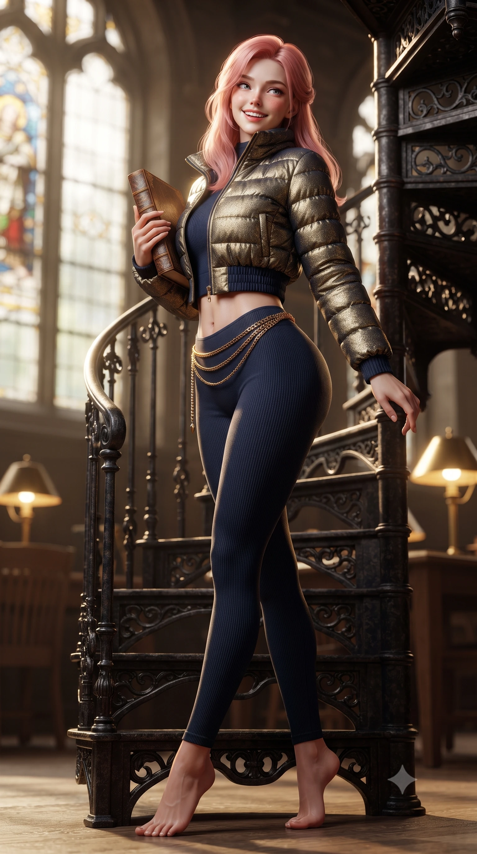 score_9, masterpiece, best quality, ultra-detailed, high-budget anime keyframe, editorial fashion photography, tasteful artistic composition, Japanese woman. low angle full-body shot from head to toe showing her feet, filling the entire 9:16 vertical frame with her statuesque presence, stretching her vertical silhouette. executing an elegant pivot turn as the hem of her form-fitting knit sways rhythmically, glancing back with joyful radiance and seductive allure while leaning poised against the spiral iron library stairs, holding an antique volume to her chest with refined scholar charm. The background shows a soft-focus tall leaded stained glass windows softened in contemplative academic grandeur shallow focus. She has an exceptionally tall and slender model-like 8.5-heads proportion, an ultra-slim waist, a flat toned midriff, narrow delicate ribcage, and beautifully sculpted feminine hips creating a graceful, slim hourglass silhouette without any bulky heaviness, with impossibly long slender legs. sharp v-shaped jawline, high-bridge nose, intricate jewel-like sparkling eyes with depth, thick eyelashes, glossy parted lips with a natural peach sheen, bright cheerful beaming smile with an enchanting and coquettish sensual glint, exuding both youthful cute charm and seductive allure, flawlessly proportioned anatomical accuracy, strict slender model proportions, natural body alignment, perfectly sculpted long slender limbs, ultra-slim waistline, clean dynamic posture without body distortion. wearing a tailored quilted down jacket with a deeply cinched elastic belt worn over an ultra-tight thermal rib-knit bodysuit and leggings in Ginza vintage brass gold and midnight navy, woven from stretch metallic lurex knit casting subtle luminous champagne glints across her contours, finished with a sleek gold chain belt resting snugly across her narrow waist and curving hips, the form-contouring silhouette accentuating her sculpted flat midriff, narrow delicate ribcage, and gracefully curvy hips with intoxicating allure. bathed in luminous golden afternoon sunlight slanting through tall gothic lancet windows mixed with warm brass desk lamp glows. ultra-reflective glossy finish, specular highlights, rich textural contrasts, high-contrast stereoscopic depth, volumetric dynamic lighting, 2k, ultra detail, master piece, 9:16 ratio