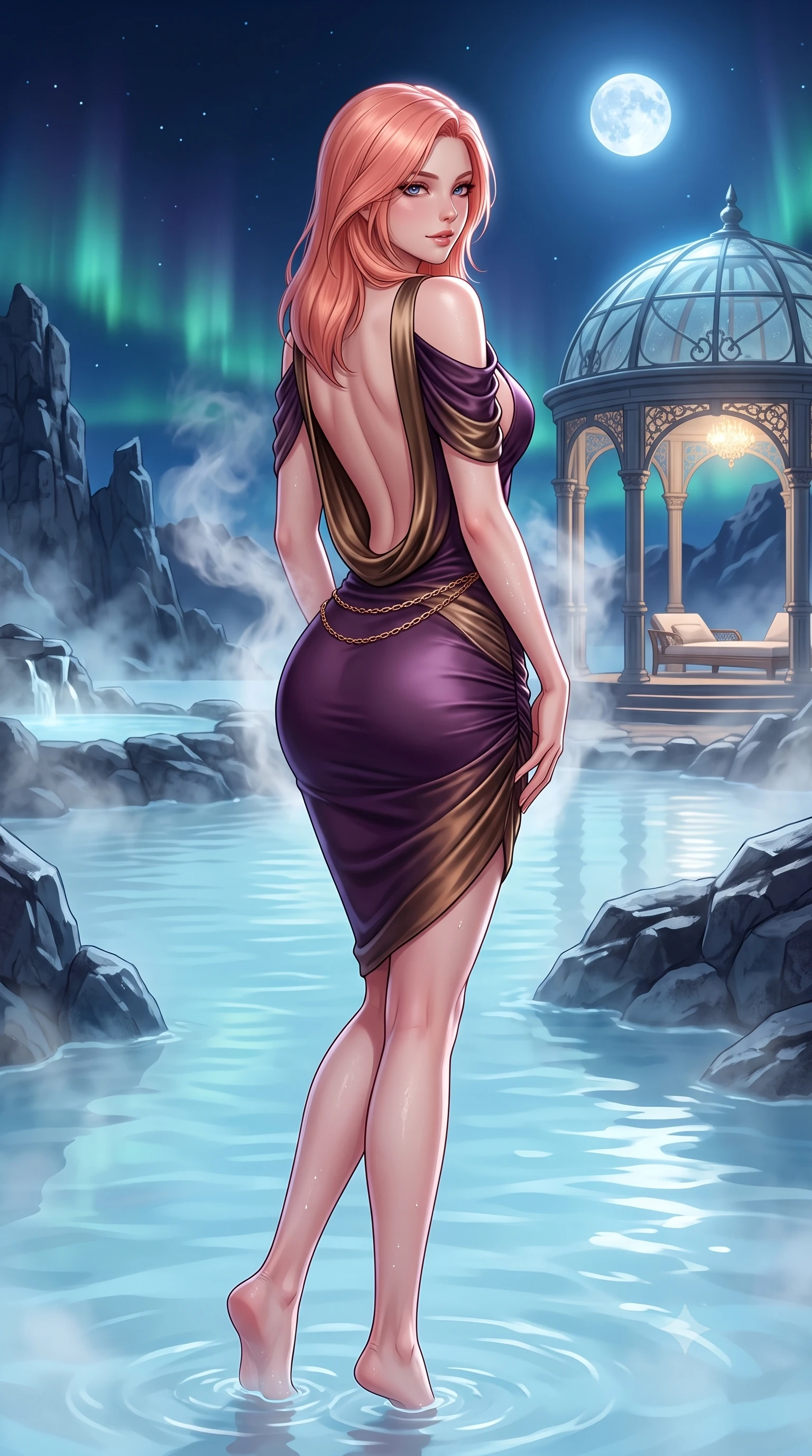 score_9, masterpiece, best quality, ultra-detailed, high-budget anime keyframe, semi-realistic 3D game render, editorial fashion photography, tasteful artistic composition, Japanese woman. low angle full-body shot from head to toe showing her feet, filling the entire 9:16 vertical frame with her statuesque presence, stretching her vertical silhouette. posing with back turned slightly to the lens, glancing back with smoldering allure as she arches her lower back to emphasize her sculpted feminine hips and slender waist while wading through the milky-blue thermal mineral water beneath the full moon, arching her spine in pure pleasure as steam curls around her waist. The surrounding environment is rendered in vivid detail and crisp panoramic clarity. atmospheric nocturnal geothermal chiaroscuro and otherworldly Arctic wellness sanctuary aesthetics in precision. She has an exceptionally tall and slender model-like 8.5-heads proportion, an ultra-slim waist, a flat toned midriff, narrow delicate ribcage, and beautifully sculpted feminine hips creating a graceful, slim hourglass silhouette without any bulky heaviness, with impossibly long slender legs. sharp v-shaped jawline, high-bridge nose, intricate jewel-like eyes with depth, thick eyelashes, glossy parted lips with a natural sheen, intensely captivating and seductive bedroom-eyes expression, flawlessly proportioned anatomical accuracy, strict slender model proportions, natural body alignment, perfectly sculpted long slender limbs, ultra-slim waistline, clean dynamic posture without body distortion. wearing a form-contouring cocktail dress with an asymmetrical open shoulder and hip-defining ruching in deep plum violet and antique bronze, tailored from smooth liquid silk satin adhering seamlessly to her skin, accented with a delicate gold chain belt resting loosely on her curvy hips, the dramatically scooped open back descending to the base of her spine, accentuating her razor-sharp statuesque lines and slim hourglass silhouette. surrounded by an otherworldly, serene, and deeply sensual Arctic geothermal nymph aura. highly saturated vibrant anime colors, detailed shading with soft gradients, rich glossy textures, high-contrast stereoscopic depth, volumetric dynamic lighting, master piece, 9:16 ratio