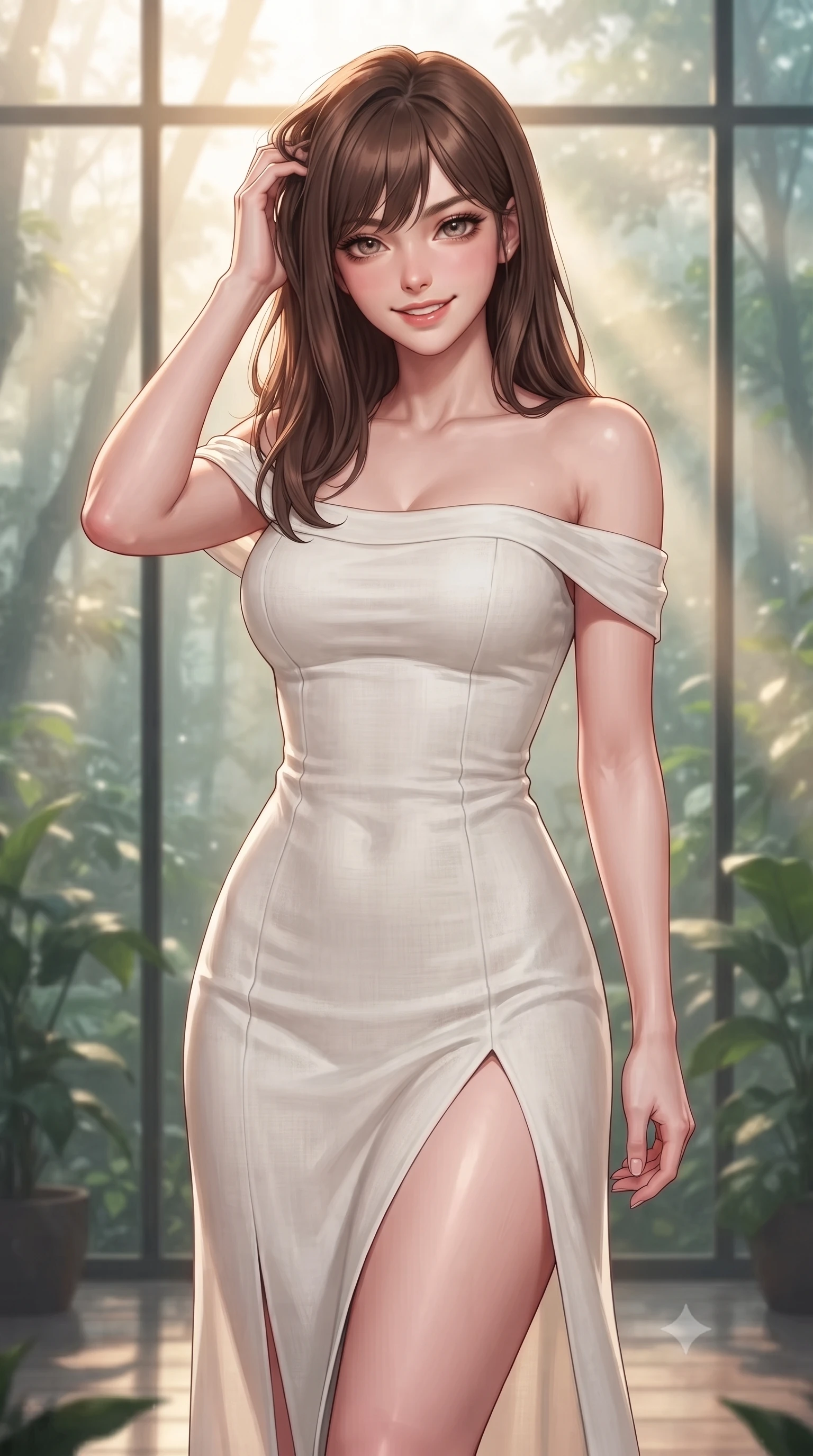 score_9, masterpiece, best quality, ultra-detailed, high-budget anime keyframe, editorial fashion photography, tasteful artistic composition, Korean woman. close-up cowboy shot from the waist and thighs up, the character dominates the composition, filling the frame with her large presence, background elements kept in soft focus. smiling with quiet, magnetic self-assurance directly into the camera, running a hand through her hair the background shows a soft-focus an indoor botanical sanctuary with glass walls facing a misty rainforest at dawn. She has an exceptionally elegant, slender, and willowy female figure with an ultra-slim waist, a gracefully sculpted slender torso, and a refined silhouette. sharp v-shaped jawline, high-bridge nose, intricate jewel-like eyes with depth, thick eyelashes, glossy lips with a natural sheen. wearing a body-hugging off-shoulder white linen summer dress featuring a high side slit ascending to mid-thigh. soft morning fog diffusing golden sunbeams into volumetric light rays. highly saturated vibrant anime colors, detailed shading with soft gradients, rich glossy textures, high-contrast stereoscopic depth, volumetric dynamic lighting, master piece, 9:16 ratio