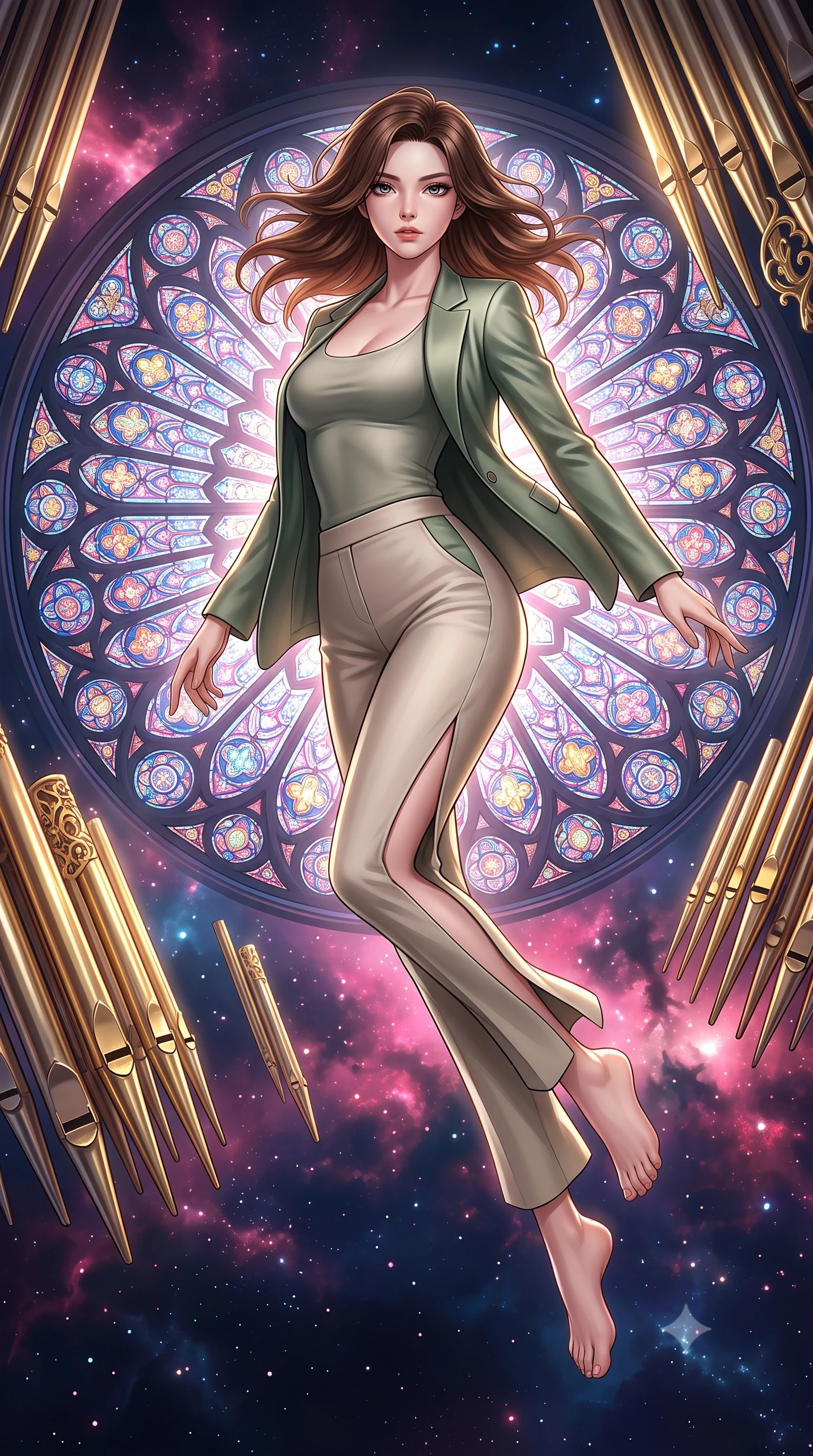 score_9, masterpiece, best quality, ultra-detailed, high-budget anime keyframe, editorial fashion photography, tasteful artistic composition, Korean woman. low angle full-body shot from head to toe showing her feet, filling the entire 9:16 vertical frame with her statuesque presence, stretching her vertical silhouette. forging dynamically through the scene with her long slender legs and ultra-slim waist creating a sweeping S-curve while performing a mid-air rotation in front of a giant stained glass rose window in space, golden filigree organ pipes casting intricate metallic reflections in mid-air. She has an absolutely perfect, statuesque 8.5-heads proportion, an exceptionally tall and slender model-like female figure with impossibly long slender legs and an ultra-slim waist. sharp v-shaped jawline, high-bridge nose, intricate jewel-like eyes with depth, thick eyelashes, glossy lips with a natural sheen, flawlessly proportioned anatomical accuracy, natural body alignment, perfectly sculpted elegant limbs, clean dynamic posture without body distortion. wearing a tailored silk blazer over a form-contouring scoop-neck top and slacks in sage green and oatmeal, formed from sleek second-skin neoprene, finished with a sleek side slit ascending to mid-thigh, the elegant draped fit framing her graceful clavicle and slender torso. bathed in dramatic cosmic pink and navy nebula backlighting with gold key light. highly saturated vibrant anime colors, detailed shading with soft gradients, rich glossy textures, high-contrast stereoscopic depth, volumetric dynamic lighting, master piece, 9:16 ratio